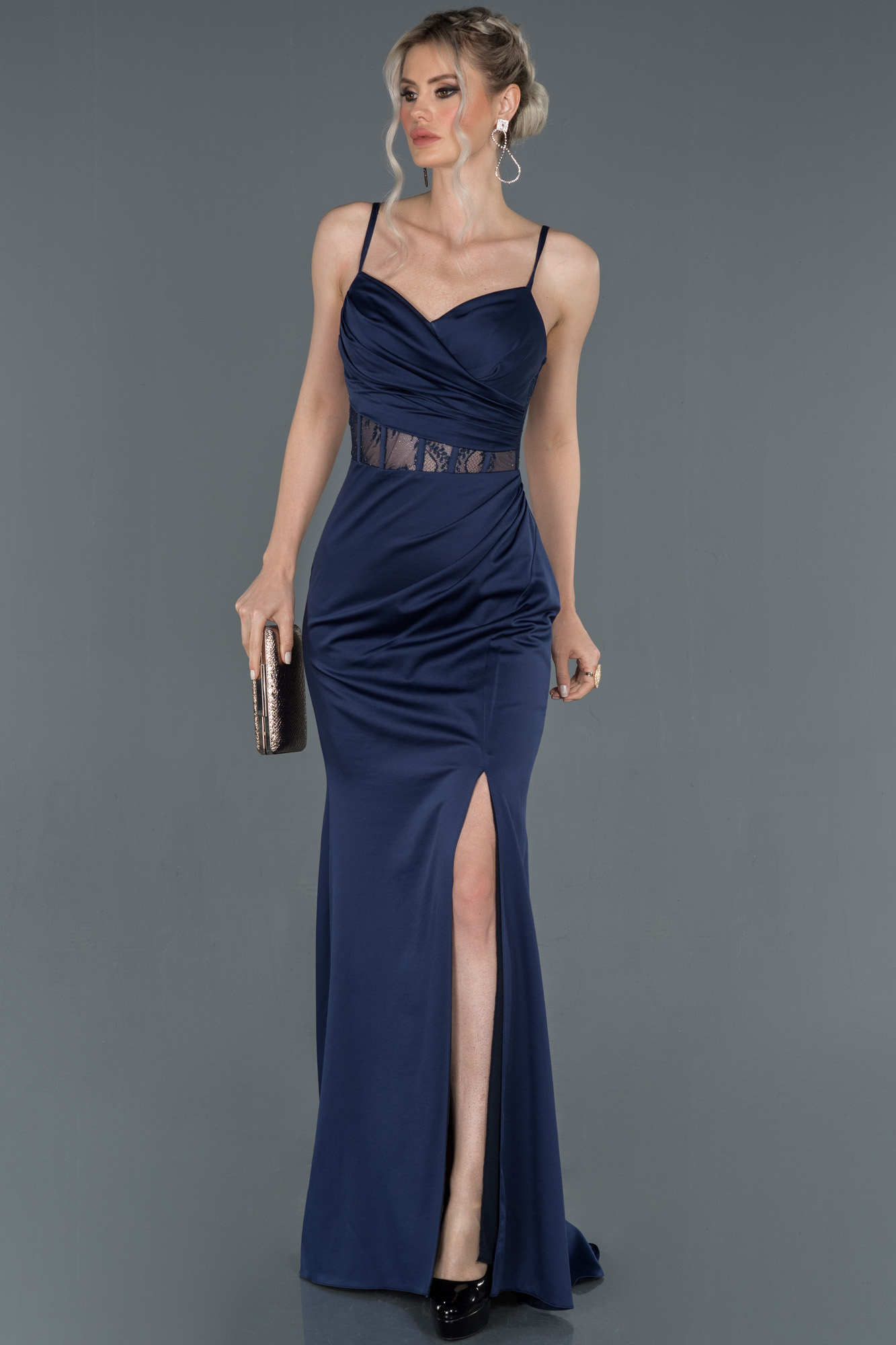 Long Navy Blue Satin Mermaid Prom Dress Abu Abiyefon