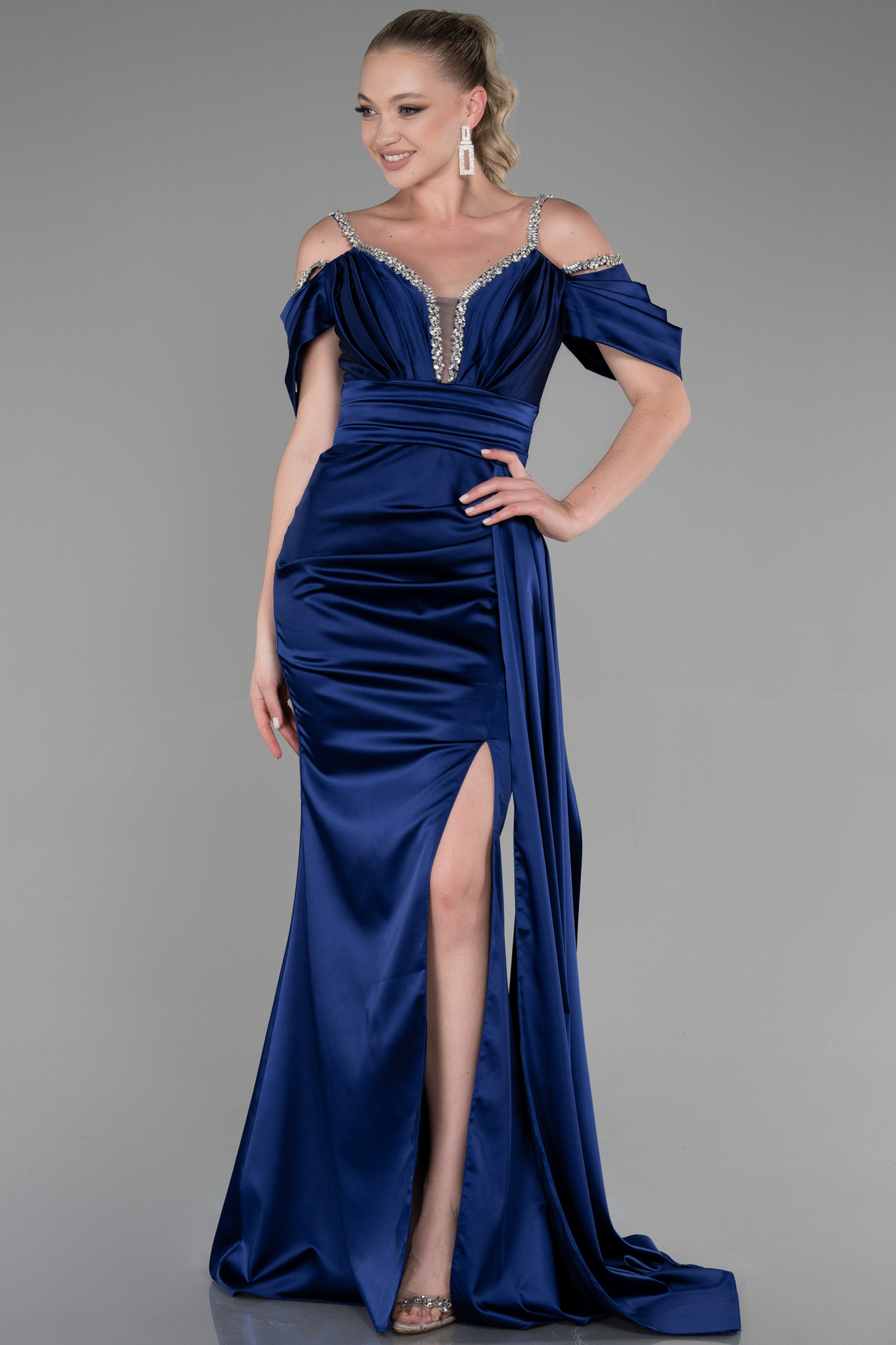 Long Navy Blue Satin Evening Dress ABU3398 Abiyefon