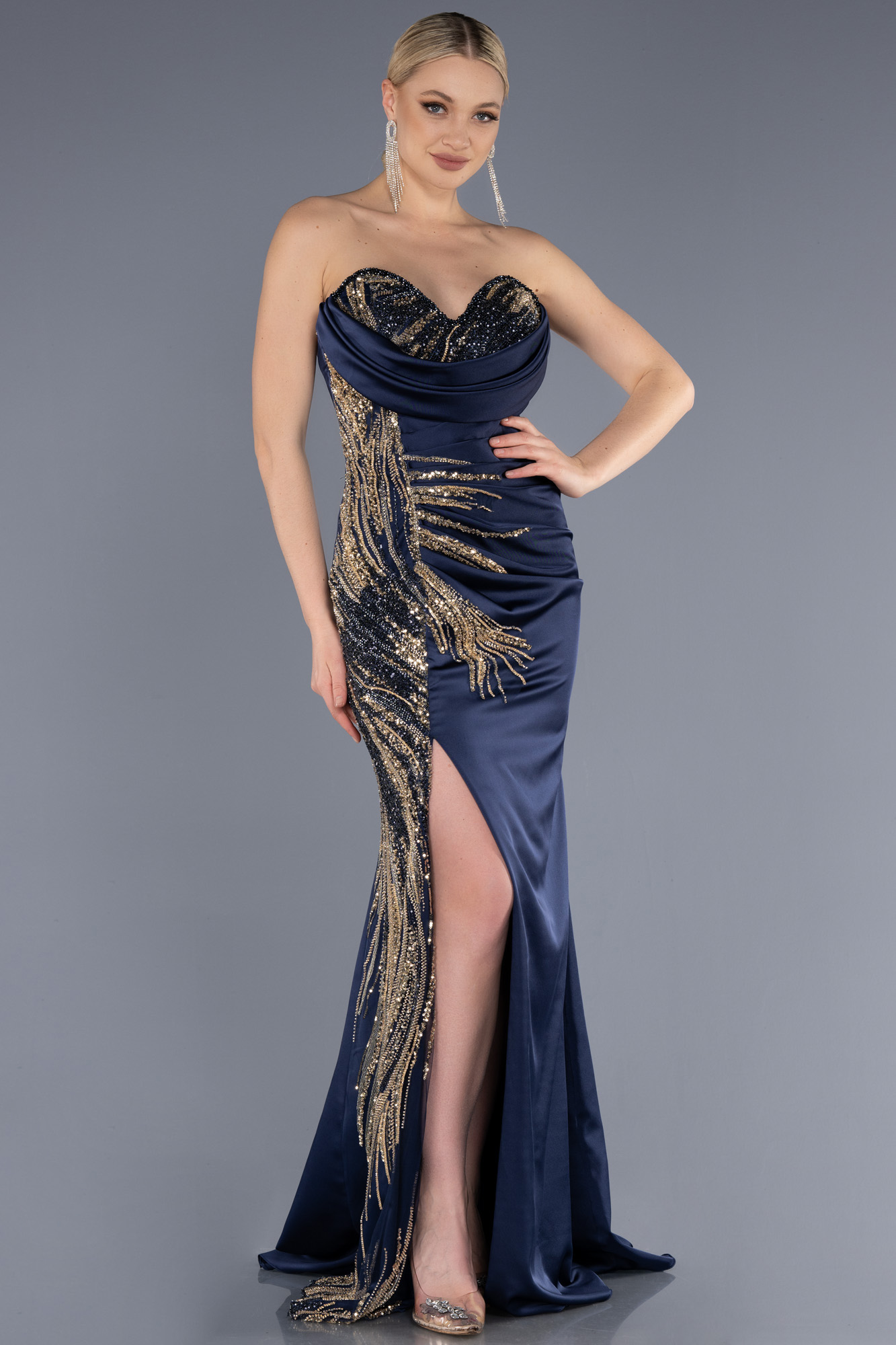 Long Navy Blue Satin Evening Dress ABU3666 Abiyefon