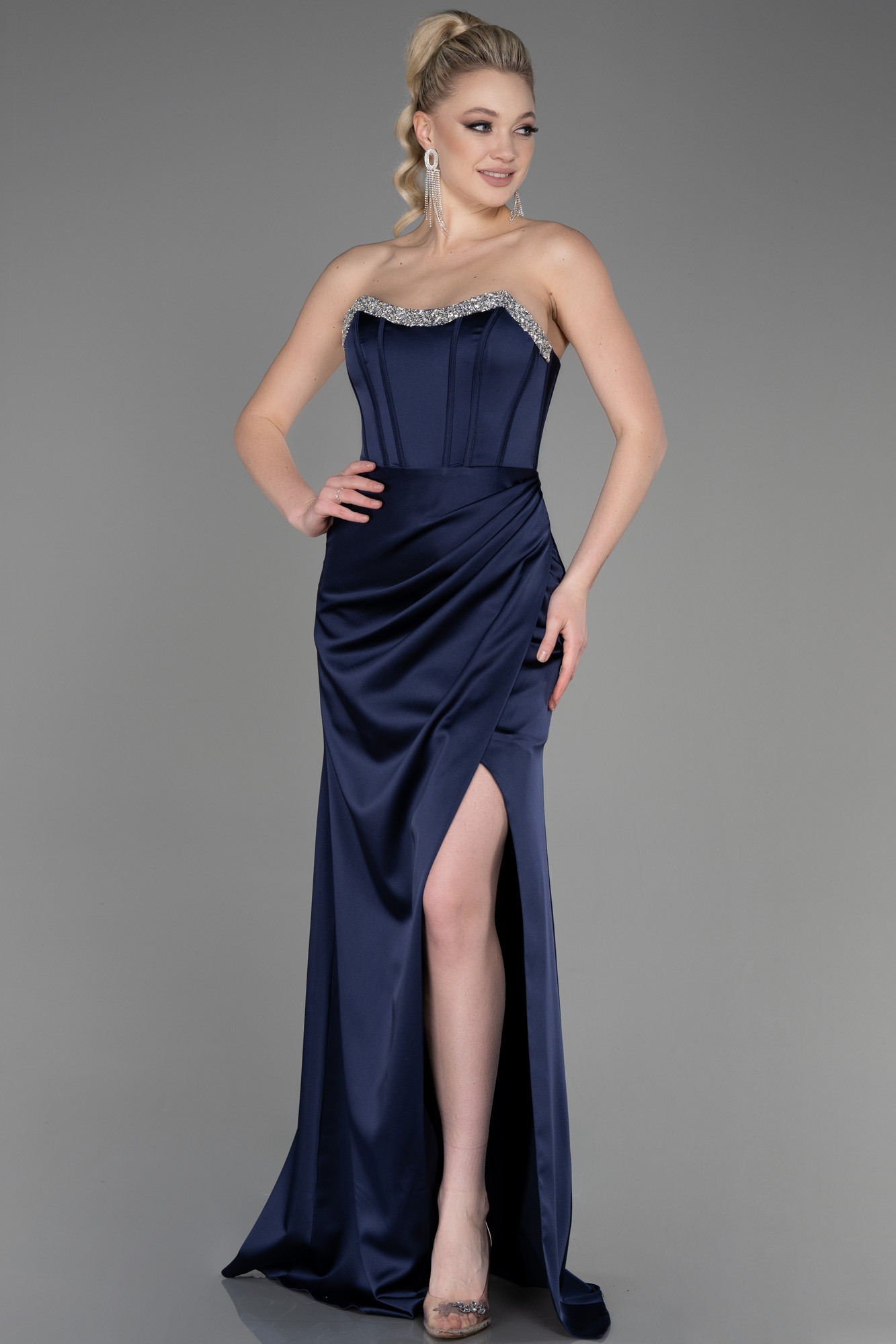 Long Navy Blue Satin Evening Dress ABU3706 Abiyefon