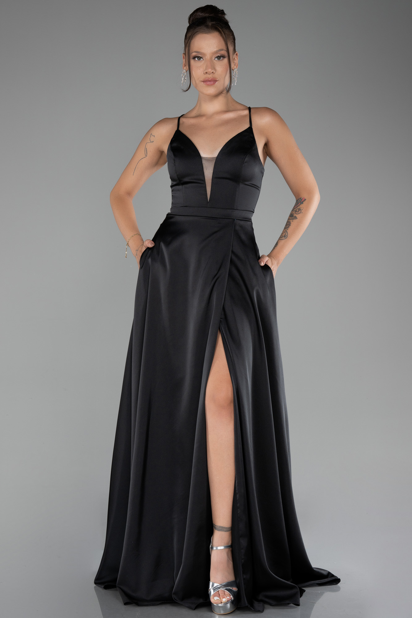 Black Strappy Slit Long Satin Prom Gown ABU4087 Abiyefon