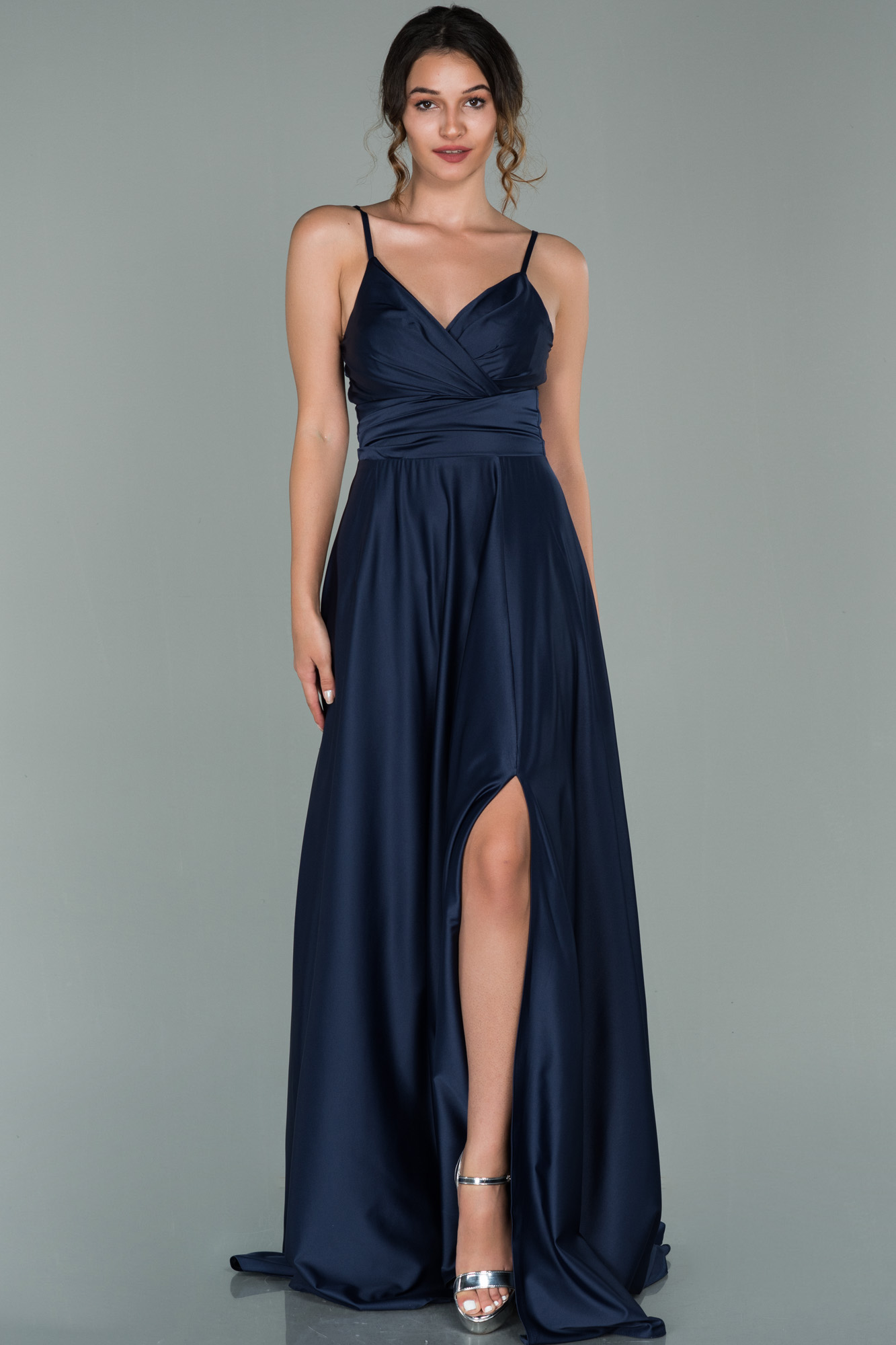 Cicinia Navy Blue Prom Dresses Long Soft Satin Sheath Slit Floor Length Evening Gowns main image 1