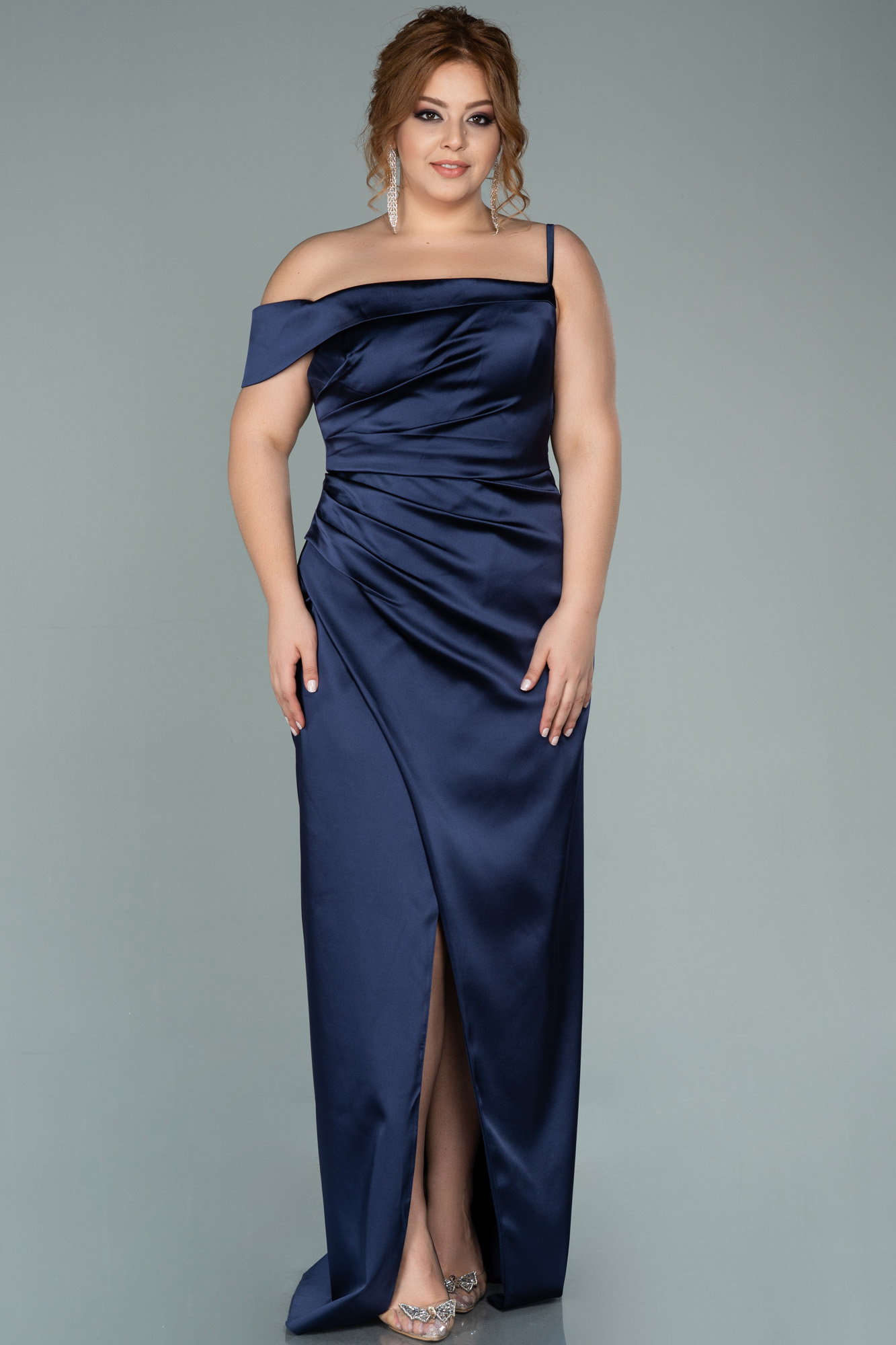 Long Navy Blue Satin Plus Size Evening Dress ABU1919 | Abiyefon.com