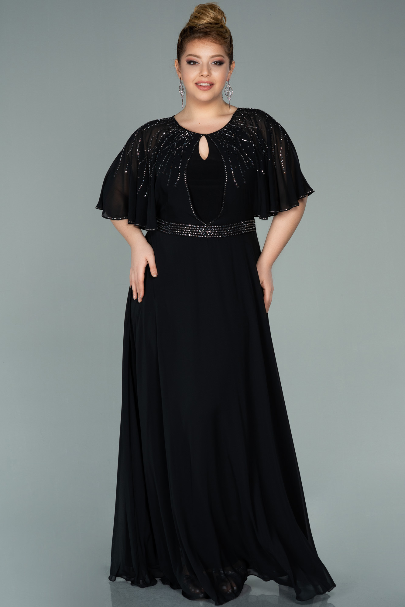 Long Black Chiffon Plus Size Evening Dress ABU2069 | Abiyefon.com