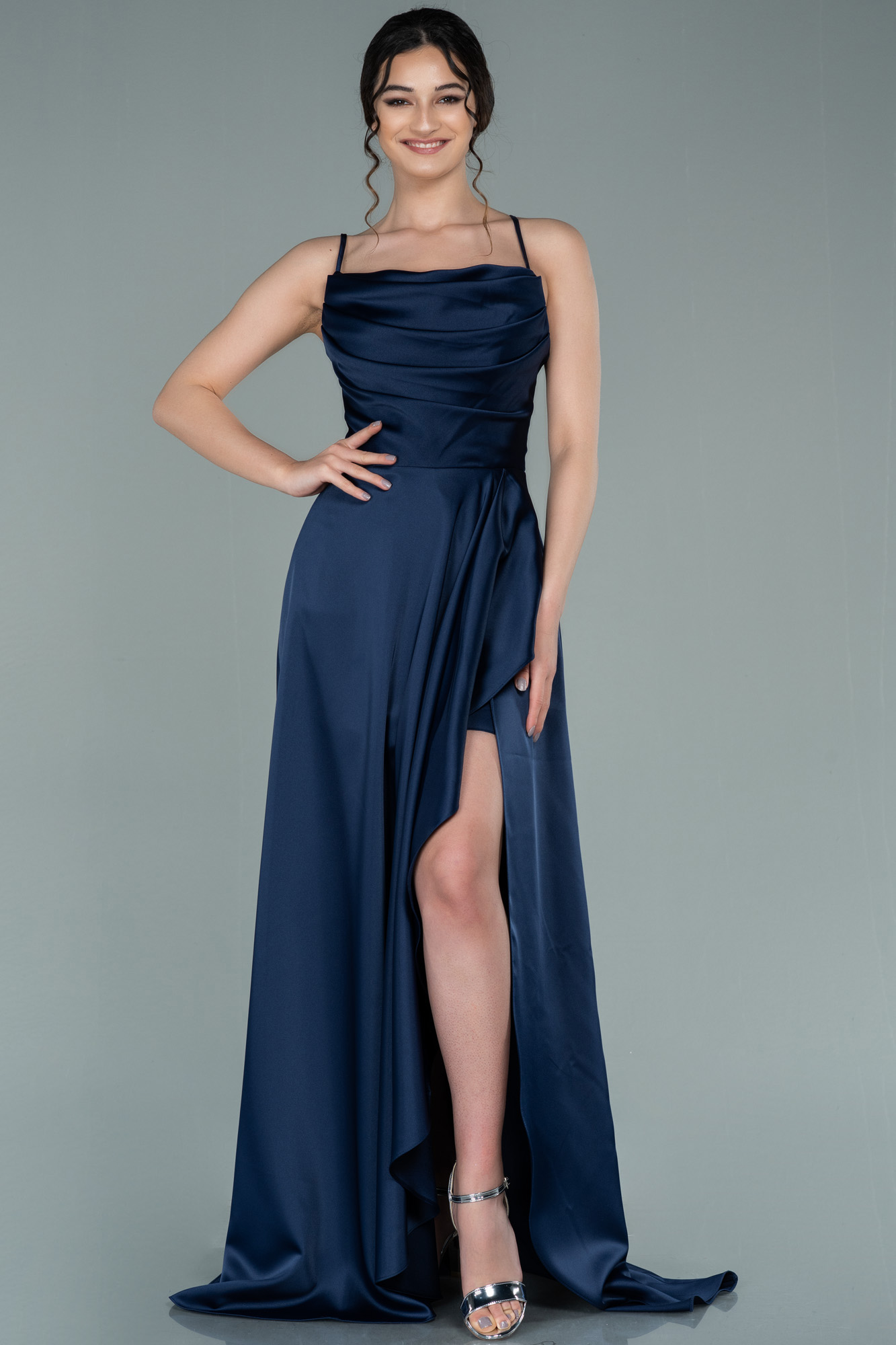 Navy Blue A Line Satin Prom Dress,Straps Birthday Evening Gown Y8212 main image 0