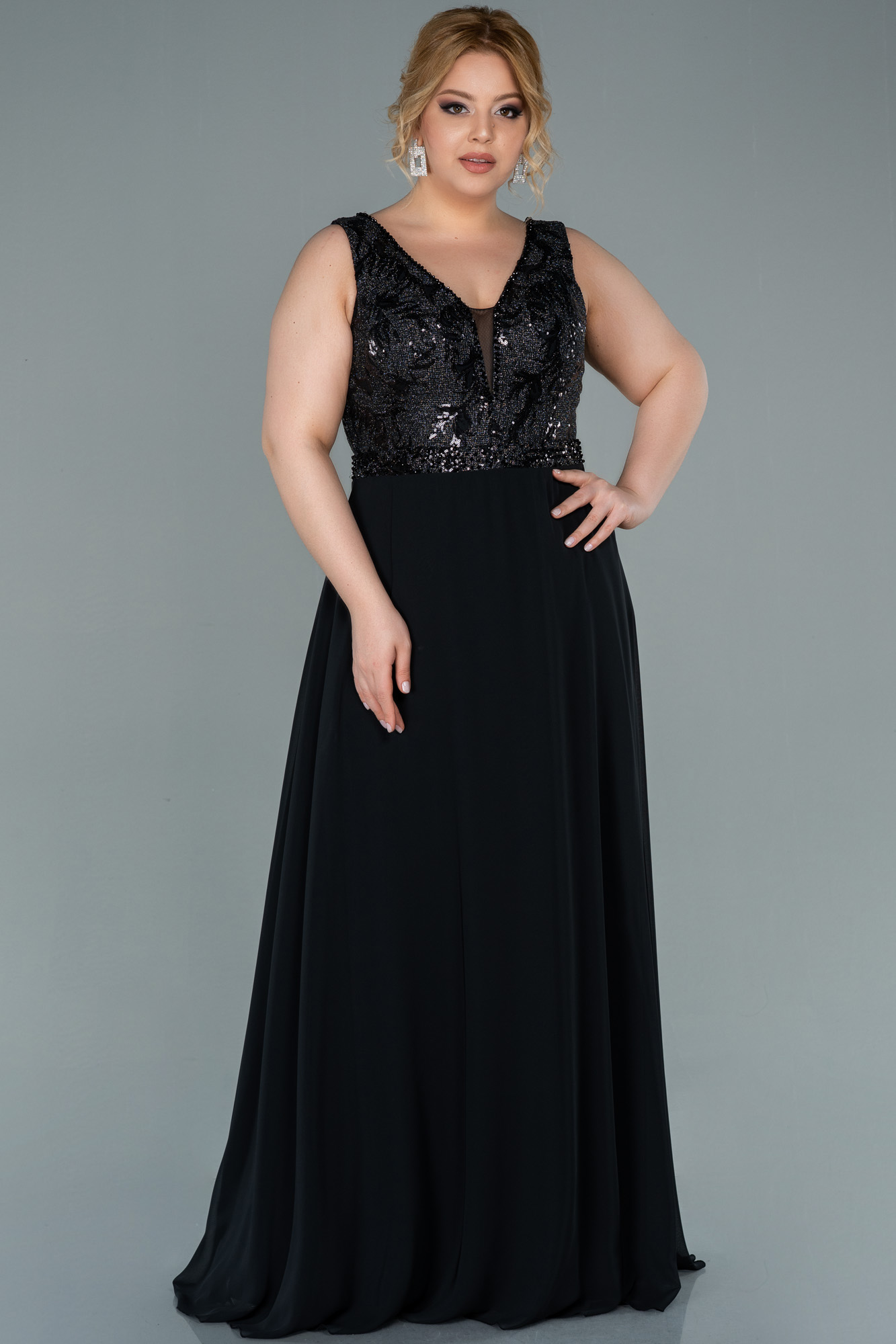 9145 Black Chiffon Plus Size Evening Dress