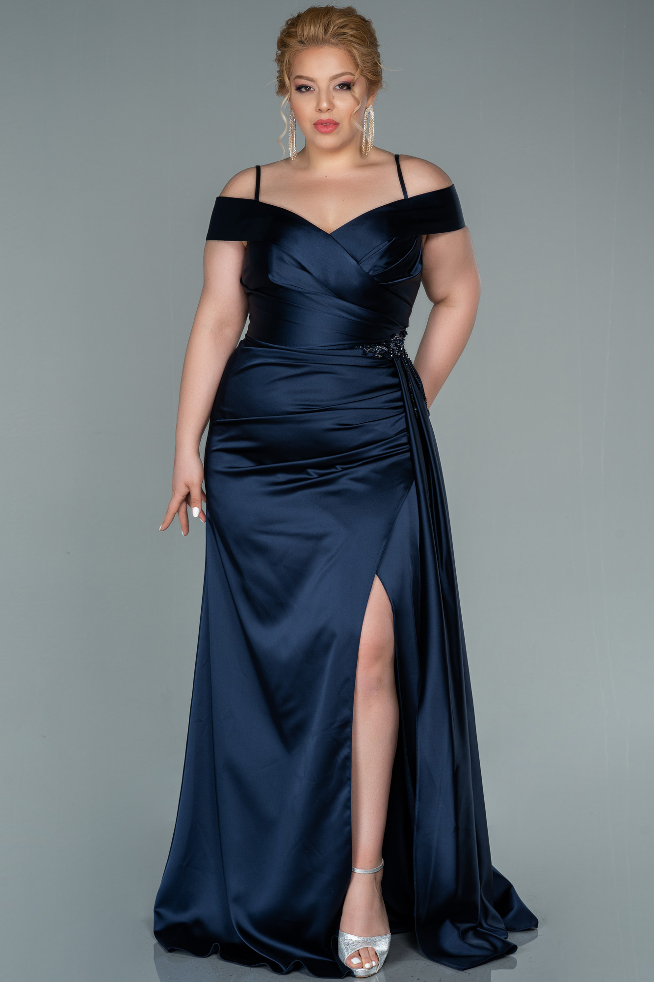 Navy Blue Long Satin Plus Size Evening Dress ABU2370 | Abiyefon.com