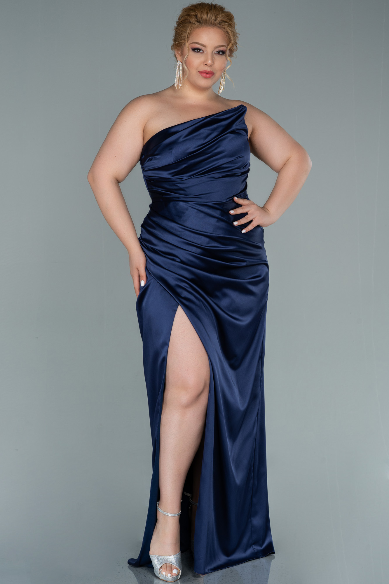 Long Navy Blue Satin Plus Size Evening Dress ABU2442 | Abiyefon.com