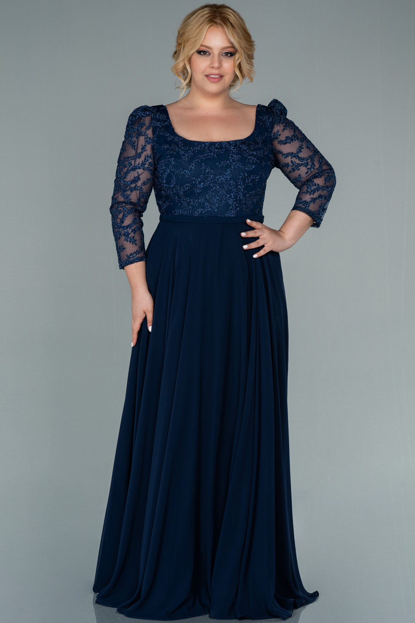 Long Navy Blue Chiffon Plus Size Evening Dress Abu2420