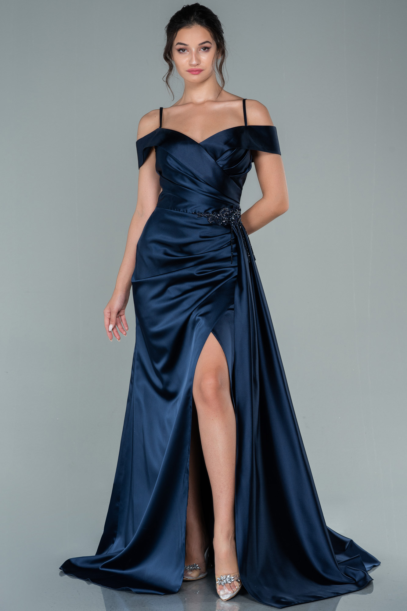 Navy Blue Long Satin Evening Dress ABU2380 | Abiyefon.com