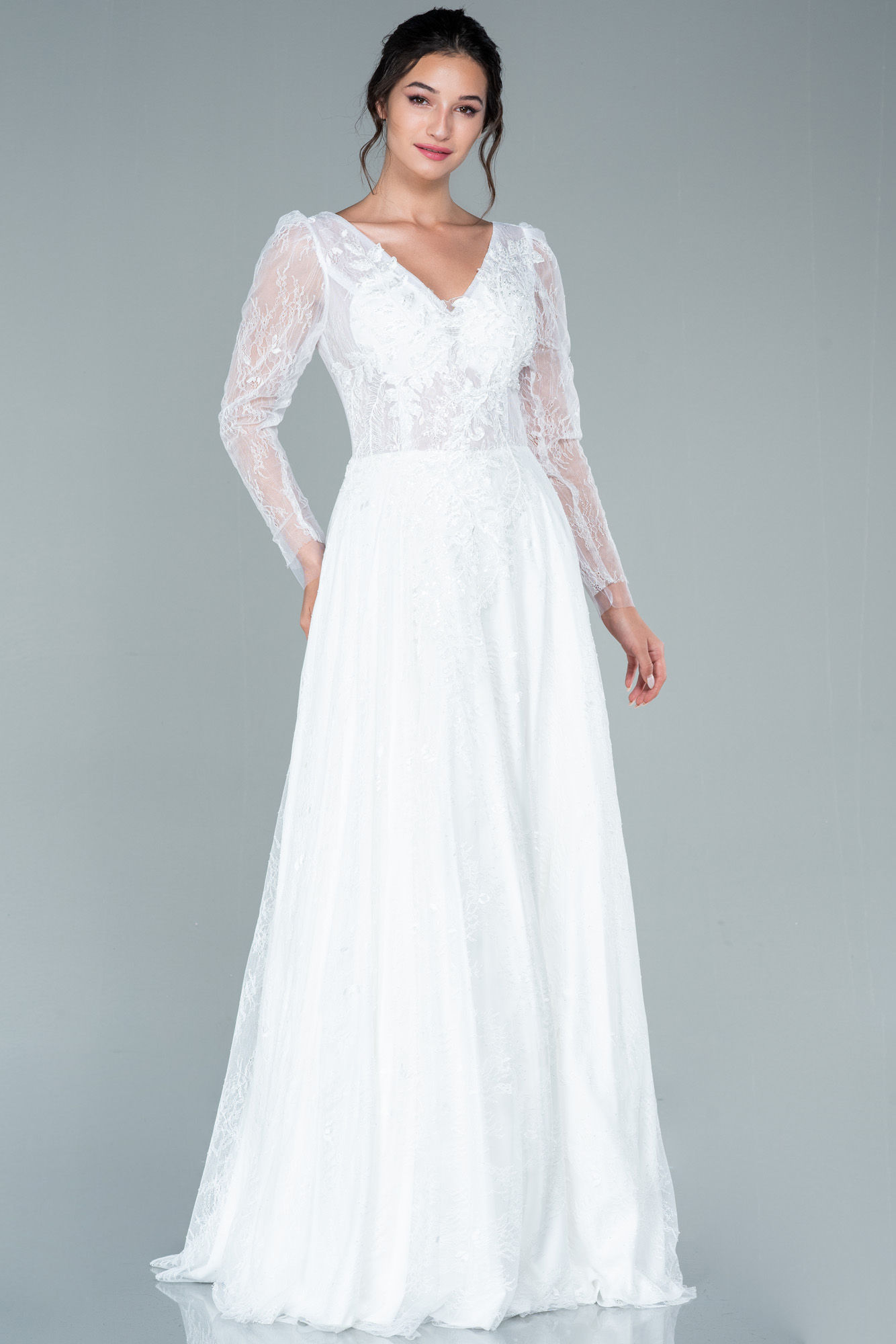 Long White Dantelle Evening Dress ABU2512 | Abiyefon.com