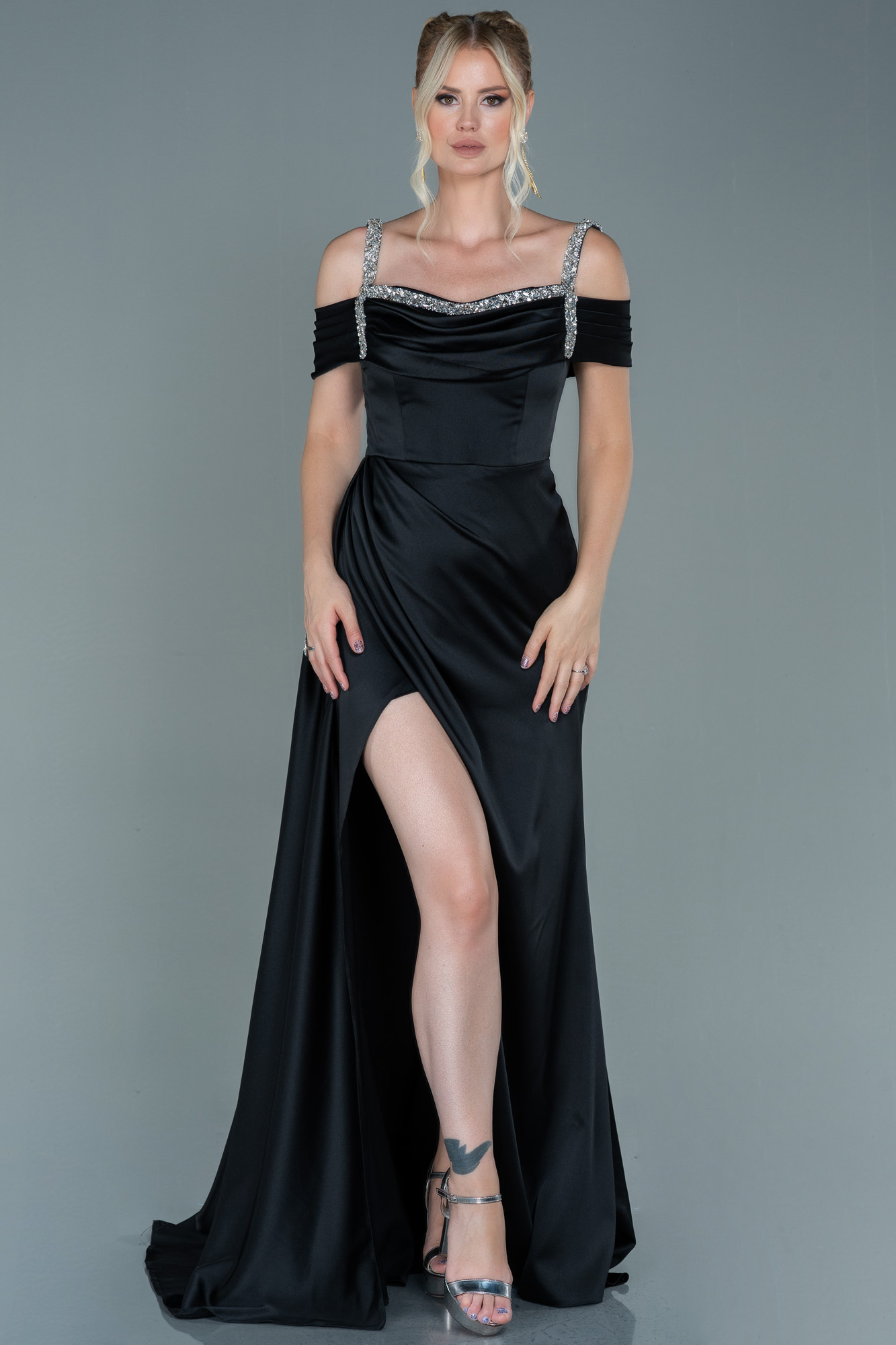 Draped Satin Evening Dress Khaki 19192