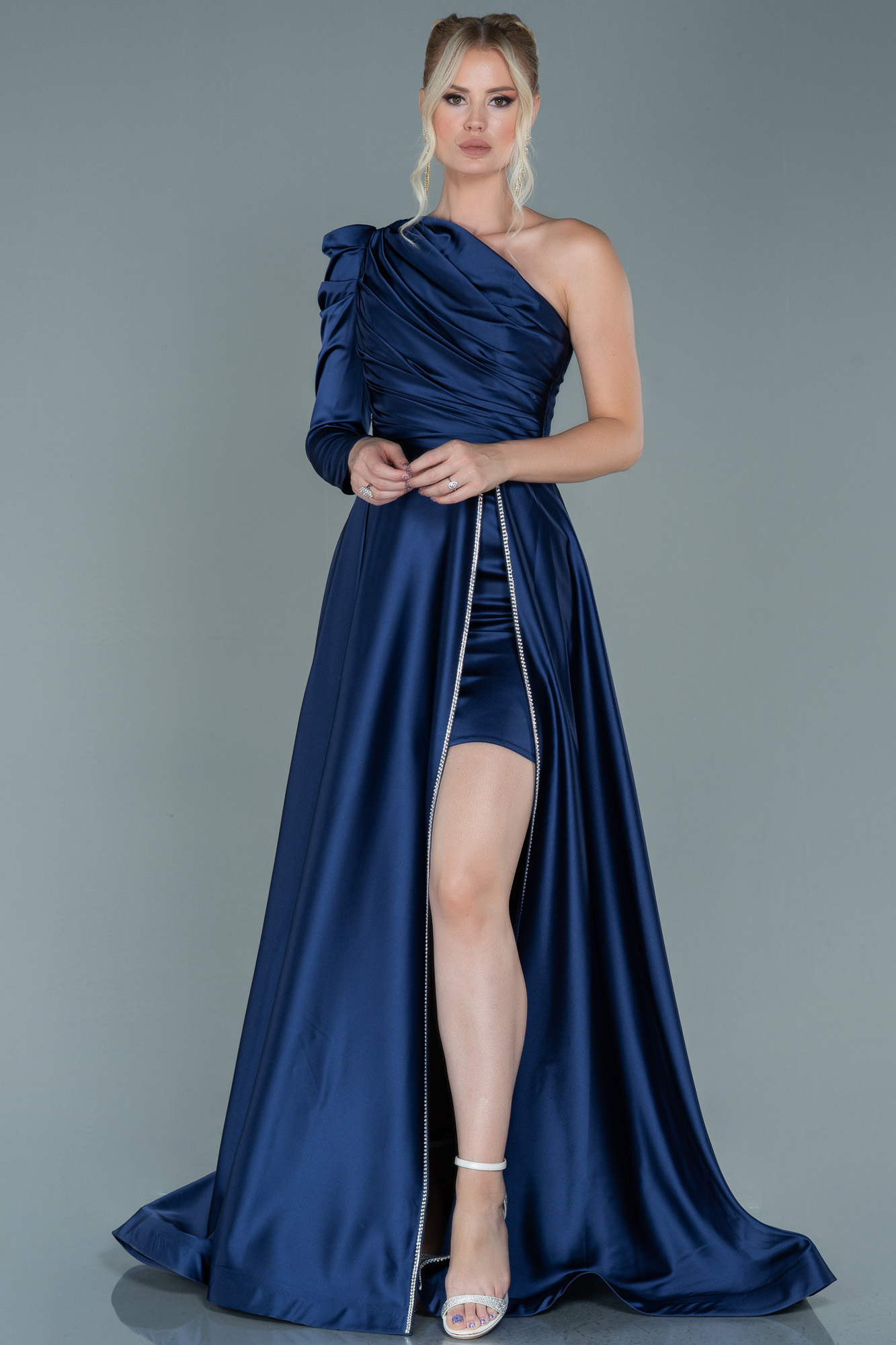 Long Navy Blue Satin Evening Dress Abu2606 