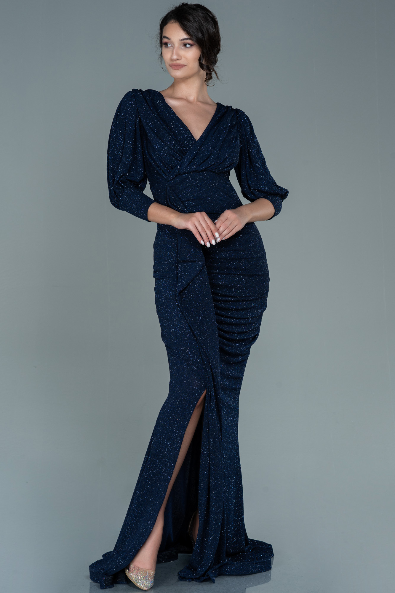 Navy Blue Floral Lace Backless Mermaid Long Prom Dress