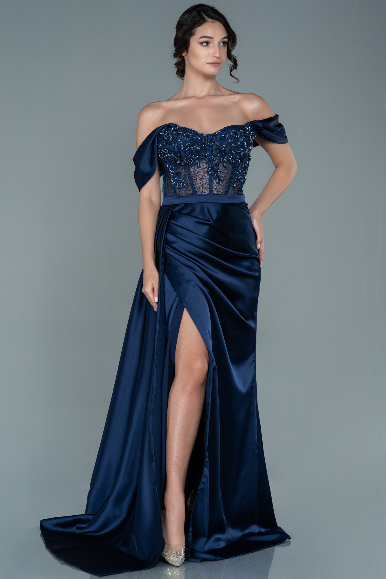Long Navy Blue Satin Plus Size Evening Dress ABU3236 | Abiyefon.com