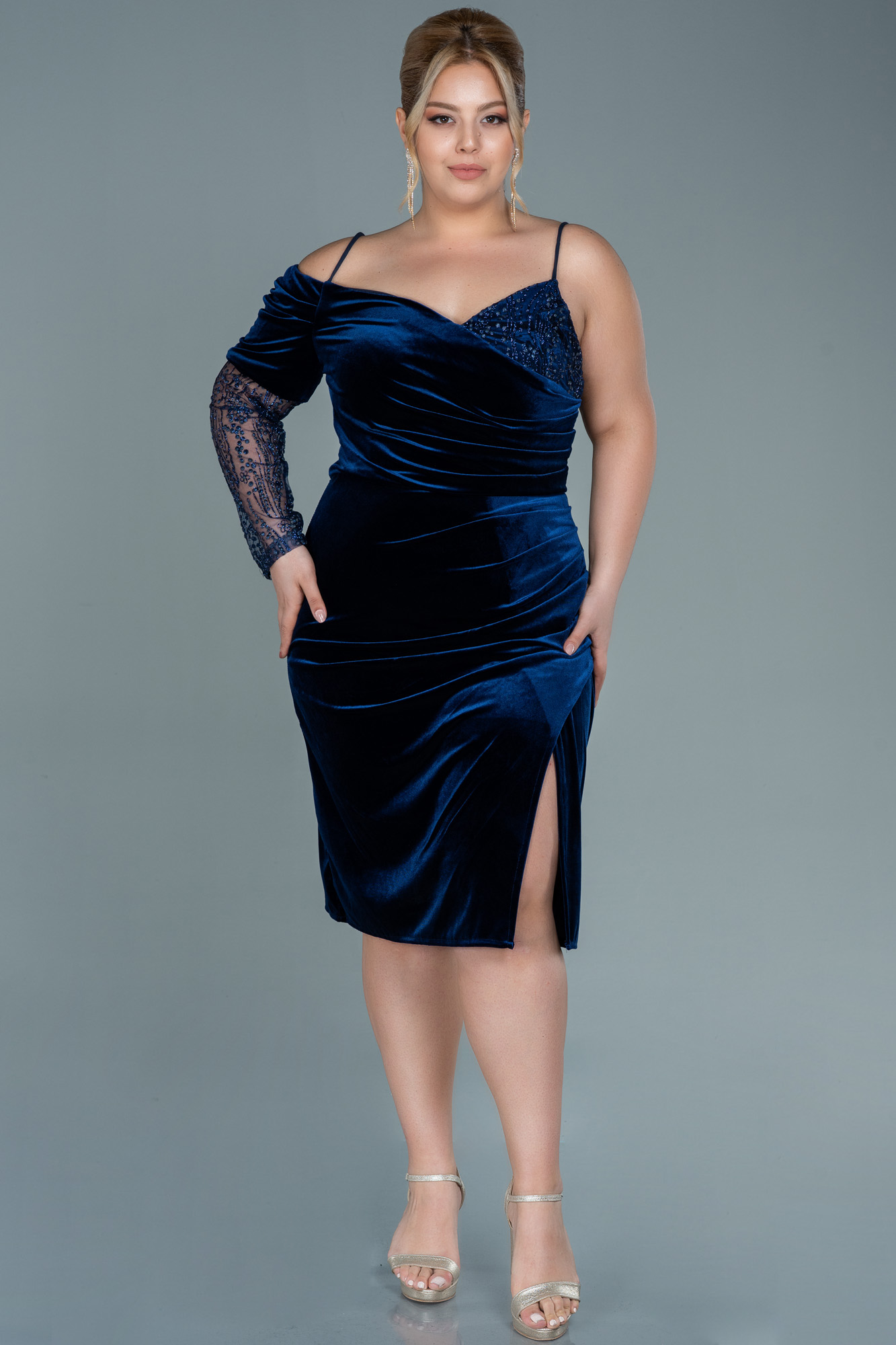 Cowl Neck Floor-length Velvet Dress Sky Blue Plus Size
