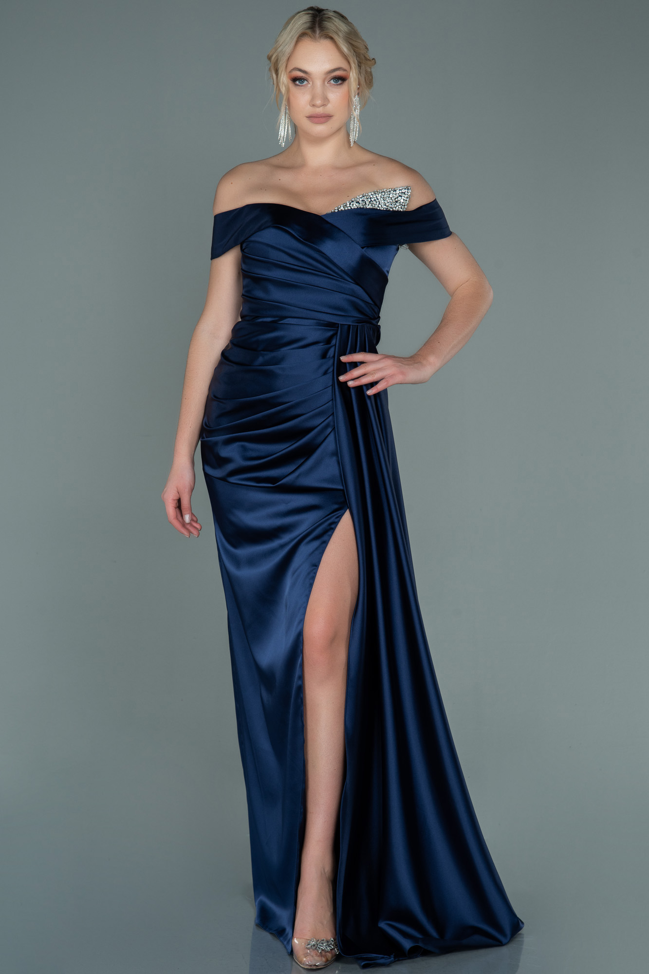 Elegant Navy Boat Neck Satin Long Evening Formal Dress With Ruffles main image 1