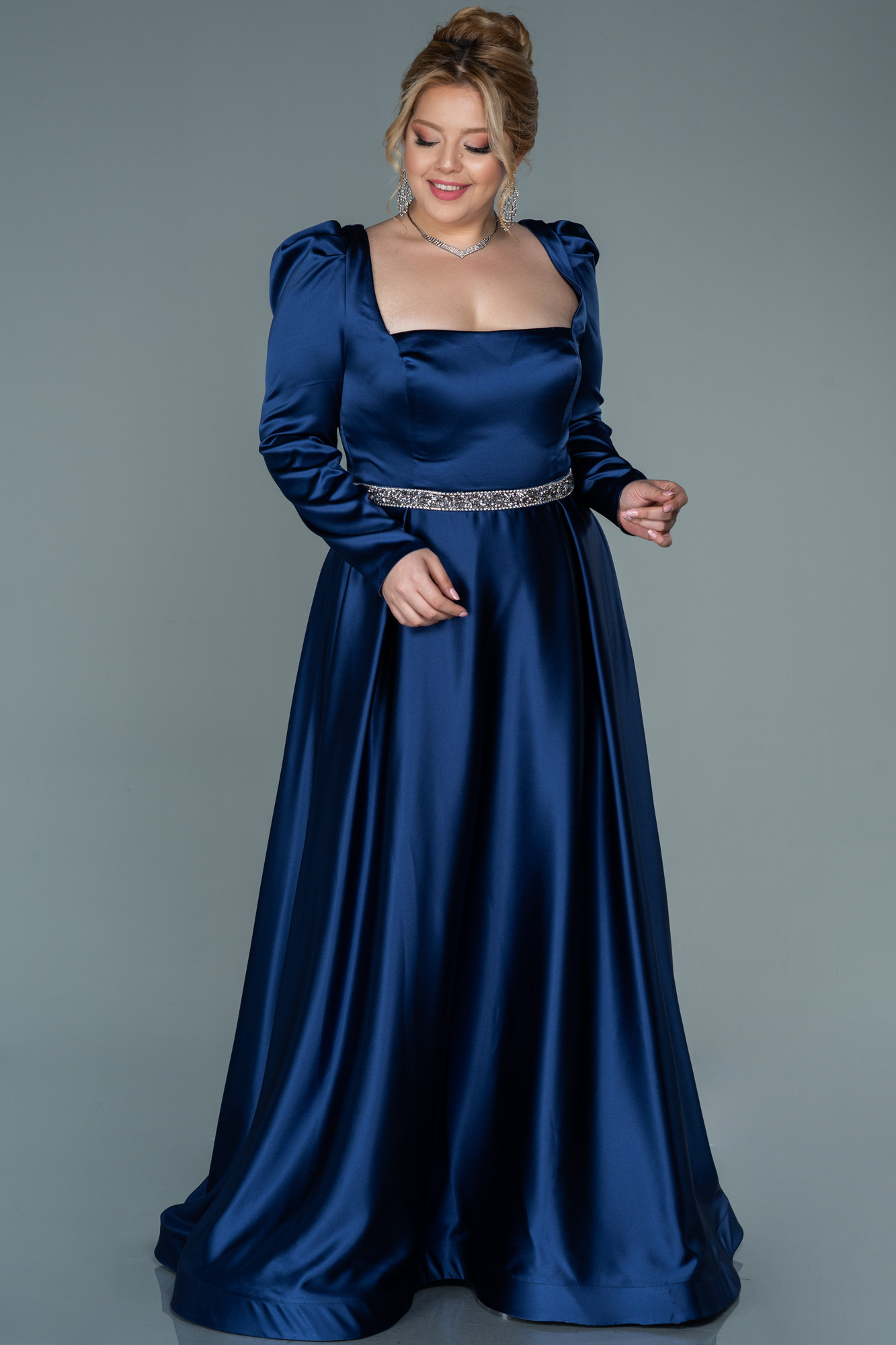 Long Navy Blue Satin Plus Size Evening Dress ABU2684 | Abiyefon.com