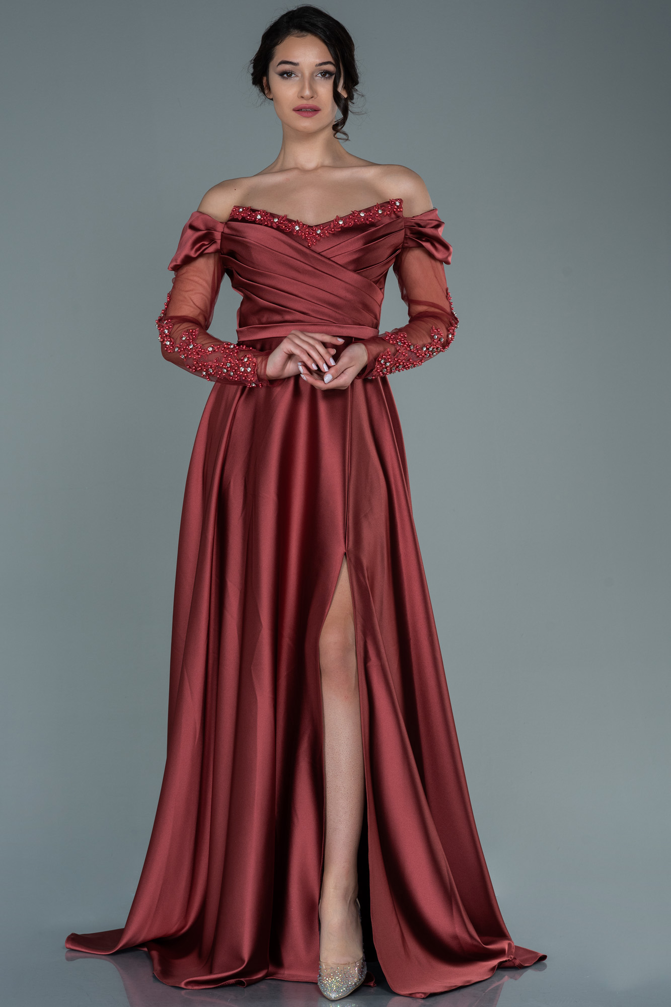 Anabel Brown Satin Lace-Up Evening Gown