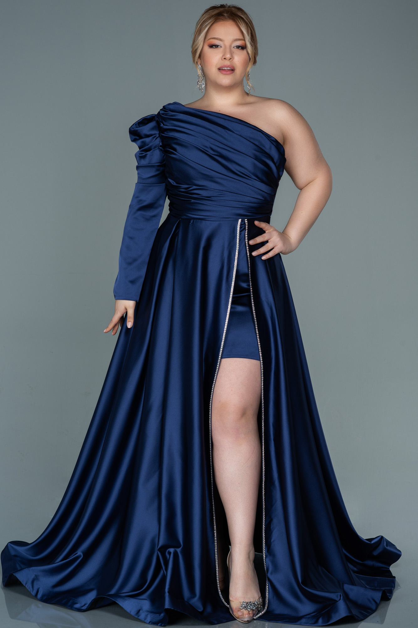 Long Navy Blue Satin Plus Size Evening Dress ABU2607 | Abiyefon.com