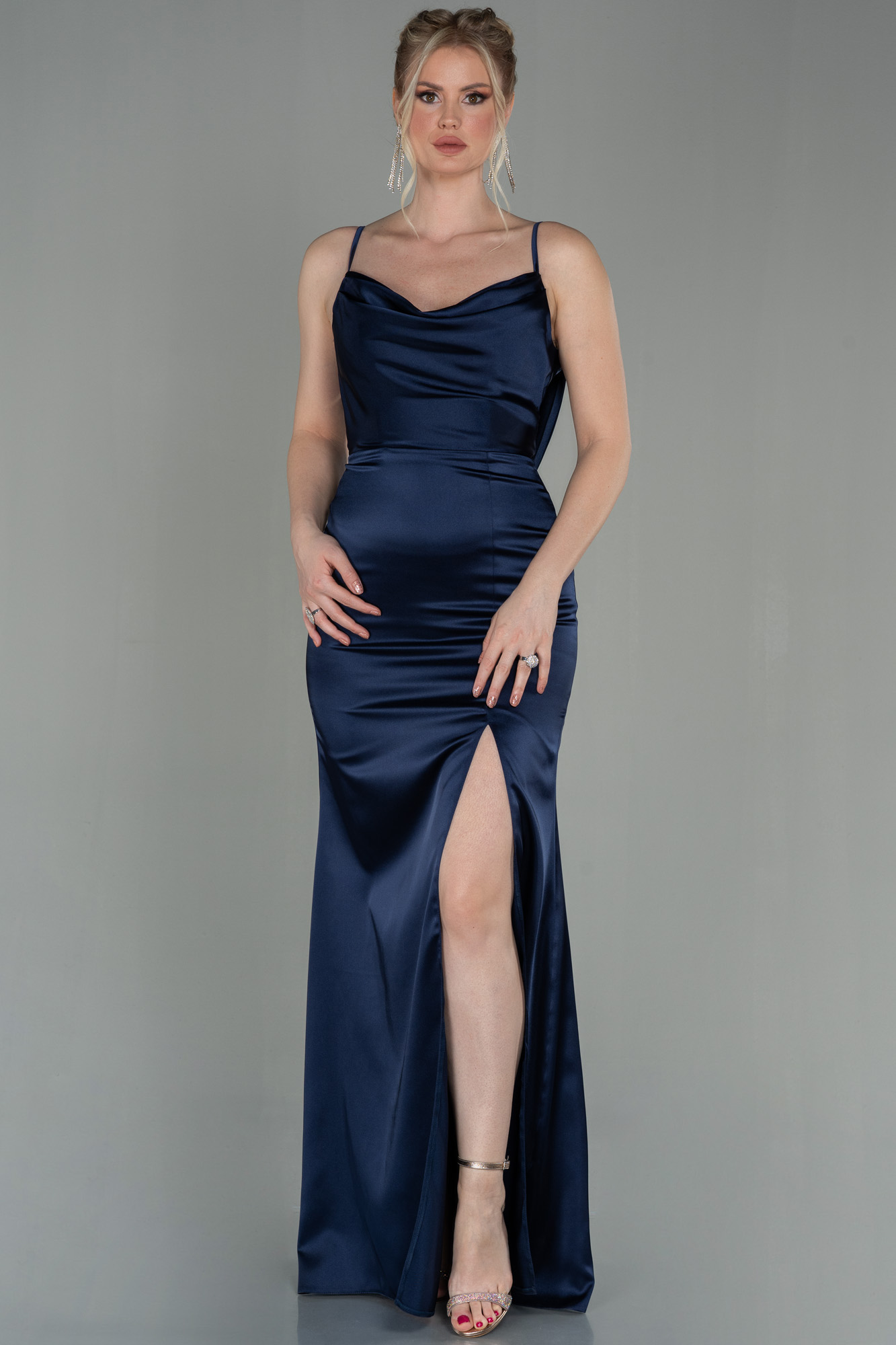 Sexy Mermaid High Neckline Navy Blue Satin Evening Dress Long Prom Dresses Party Dress With Ruffles C3231