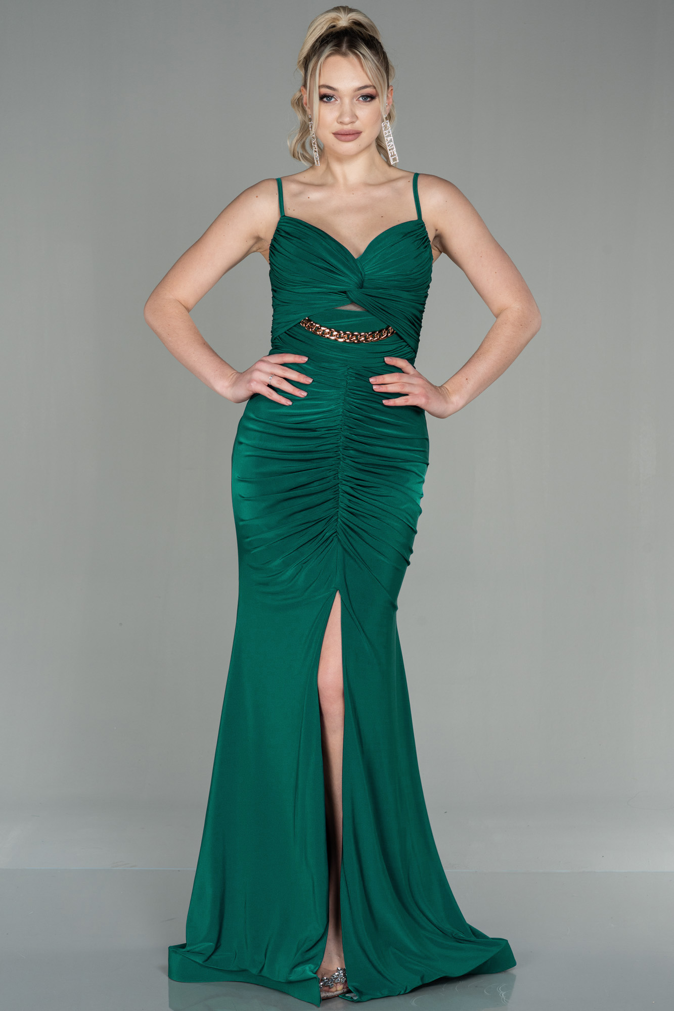 Emerald Green Lace Mermaid Long Sleeves Prom Dresses with Slit LBQ2051