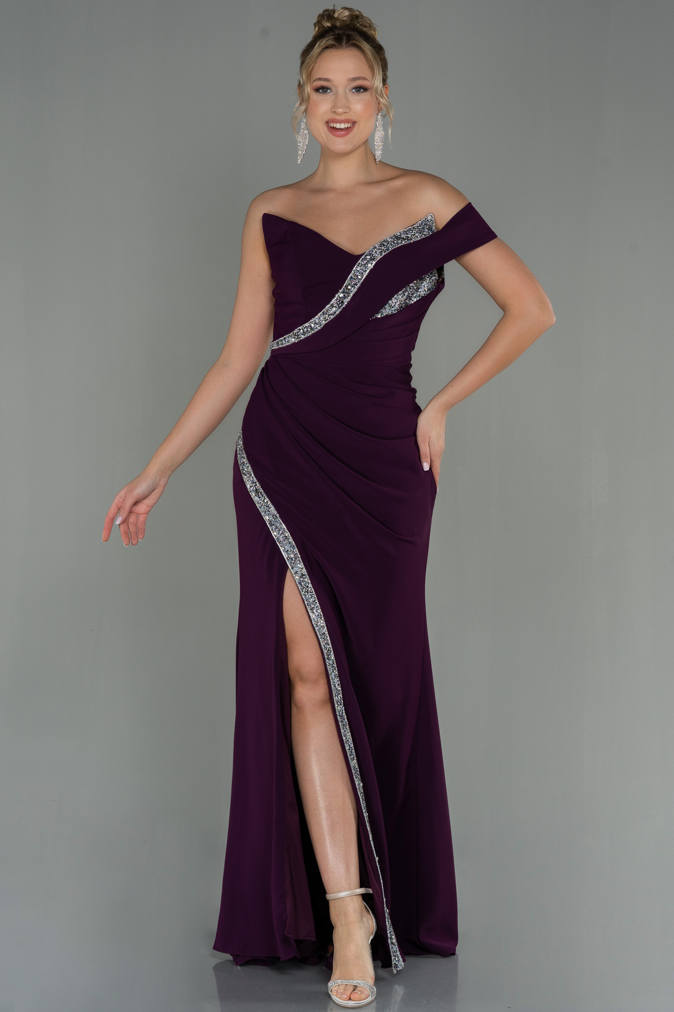 Purple Off Shoulder Mermaid Satin Long Party Dress Evening Dress, DP2843