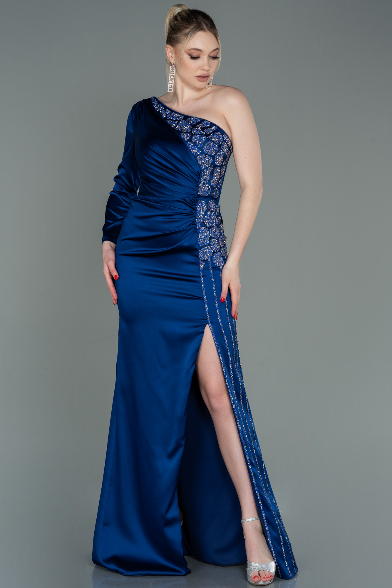 Navy Blue Satin Straps Long Evening Dress Floor Length , Blue Formal Dress Party Dress