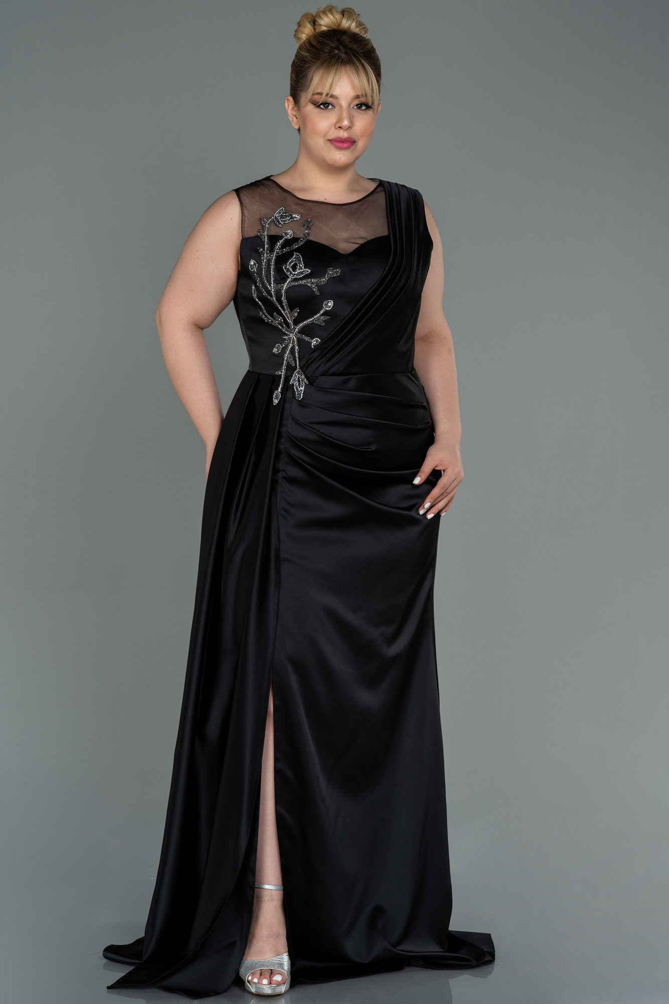 Long Black Satin Plus Size Evening Dress Abu3125