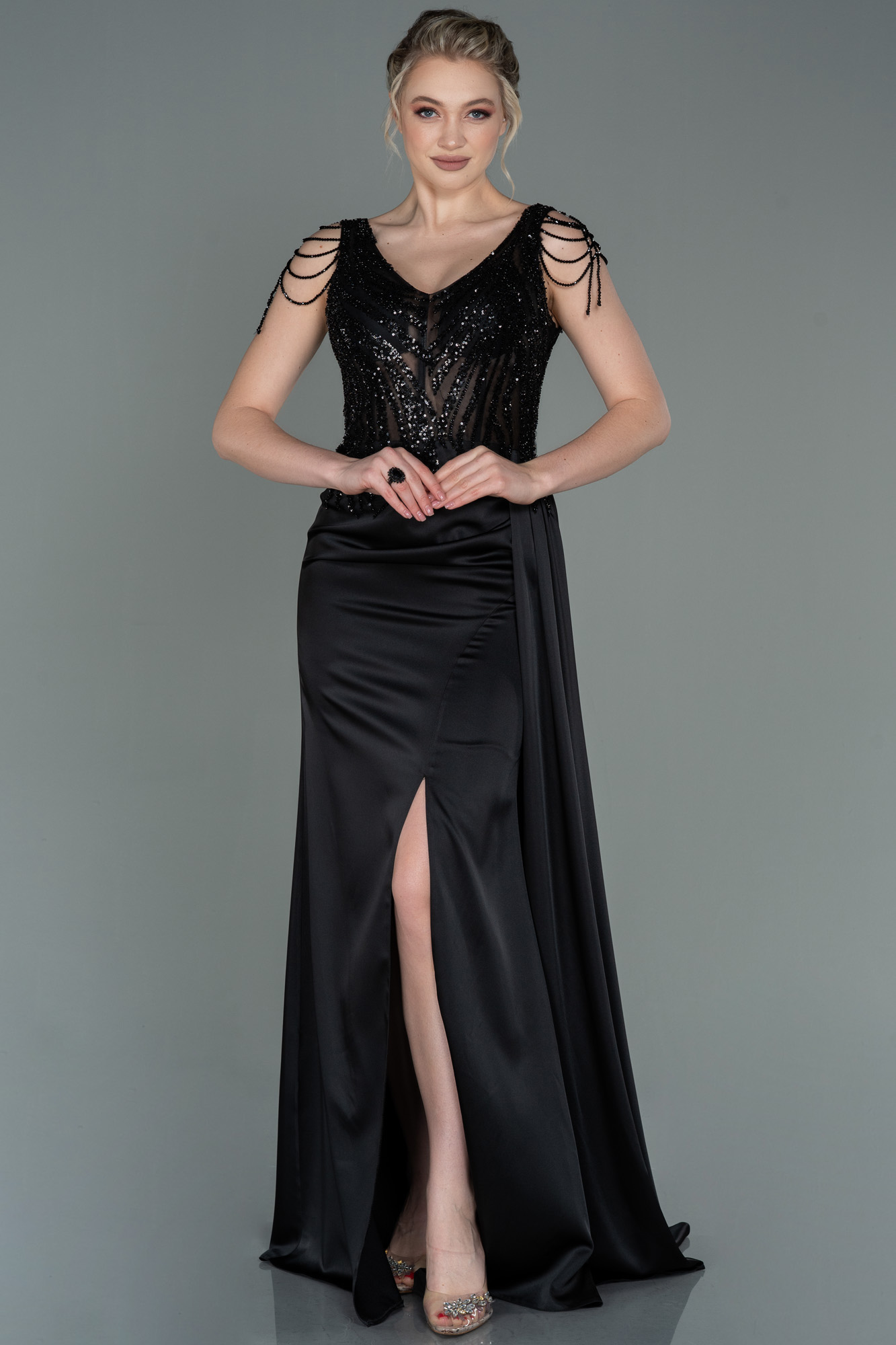 Long Black Satin Evening Dress ABU3161 | Abiyefon.com