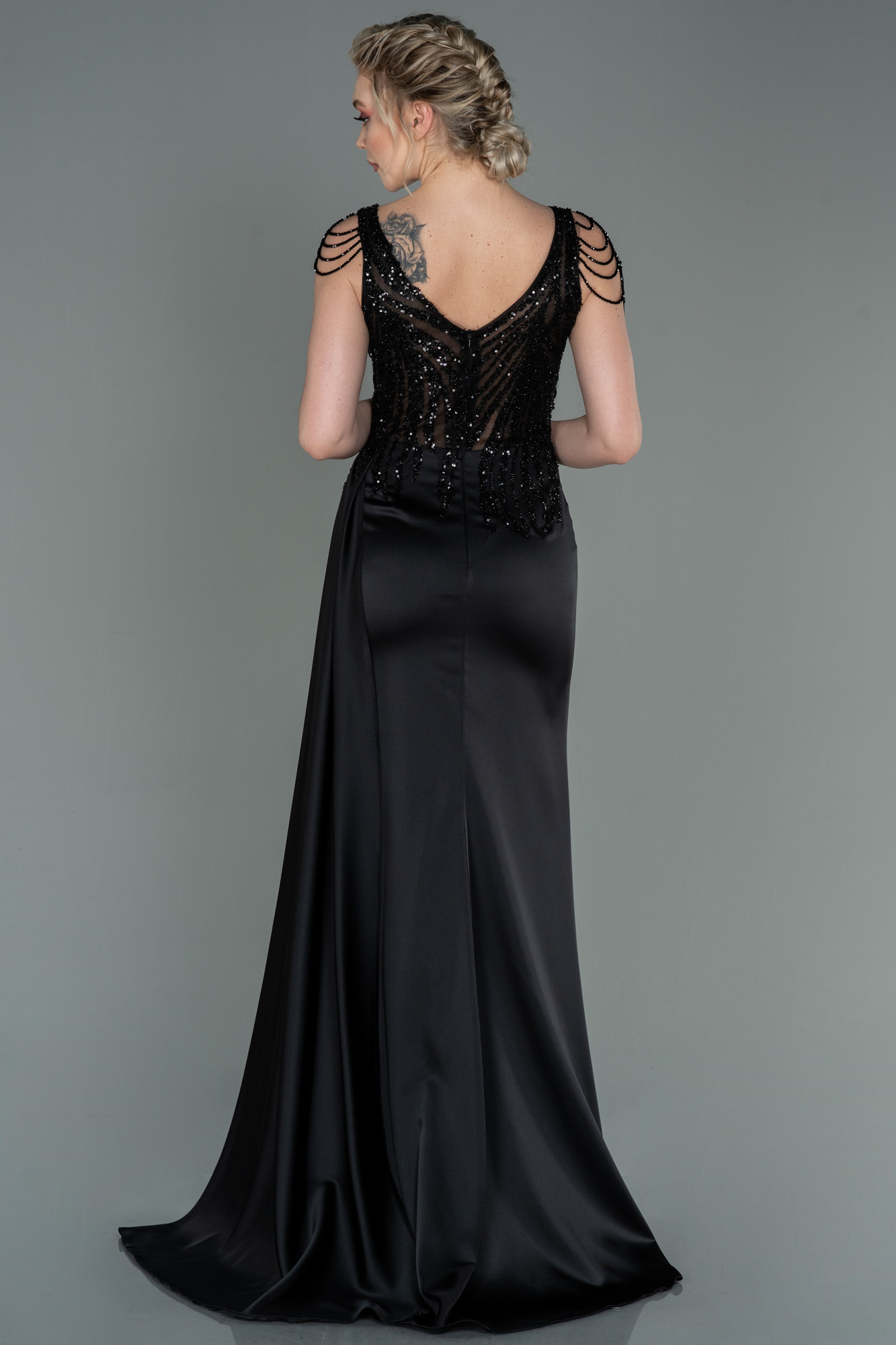 Black Long Evening Dress Satin Halter With High Slit Pleated Y4355 main image 1