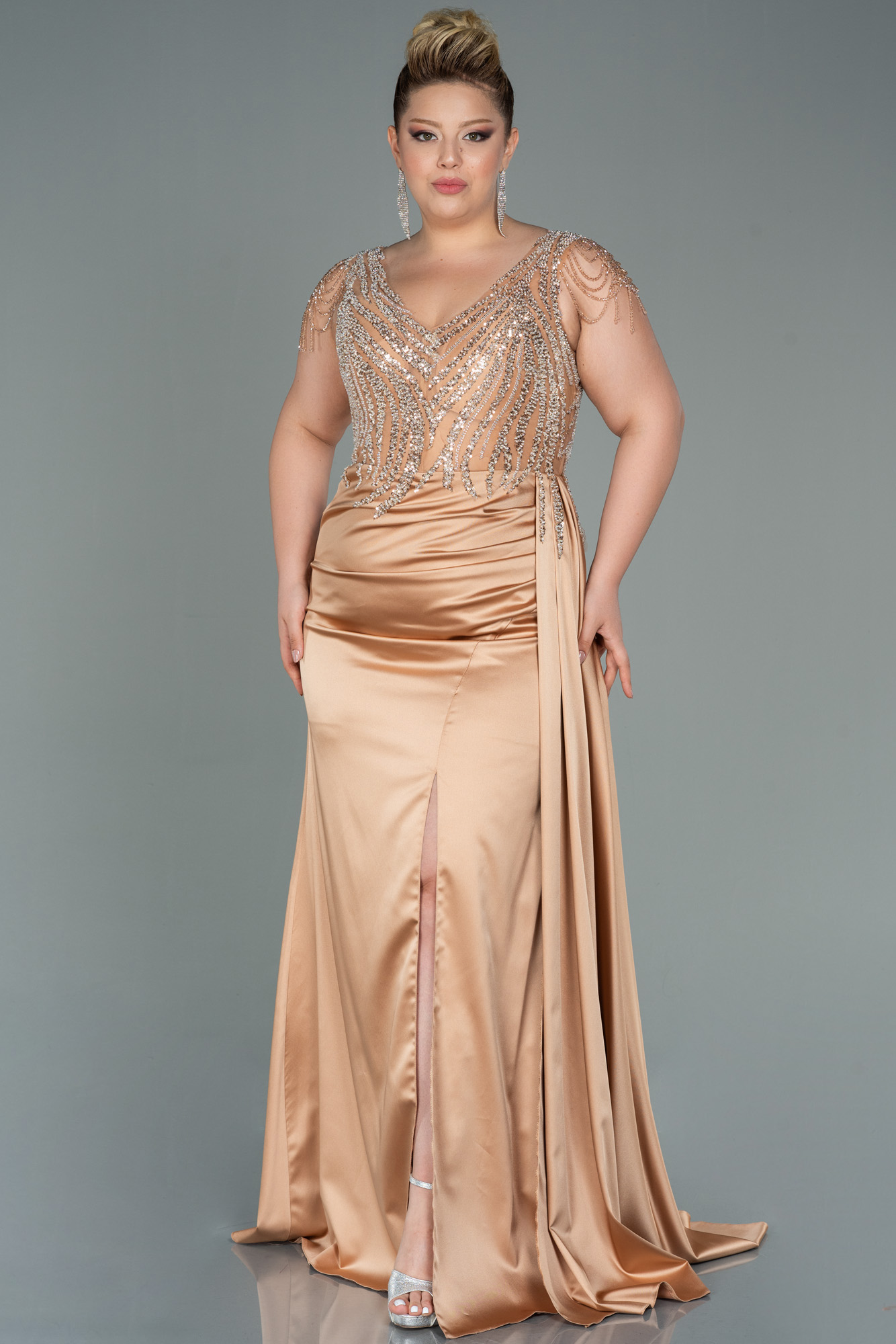 Gold One Shoulder Satin Evening Dress A-Line Split Pleat Long Formal Gown  Party Prom Dress