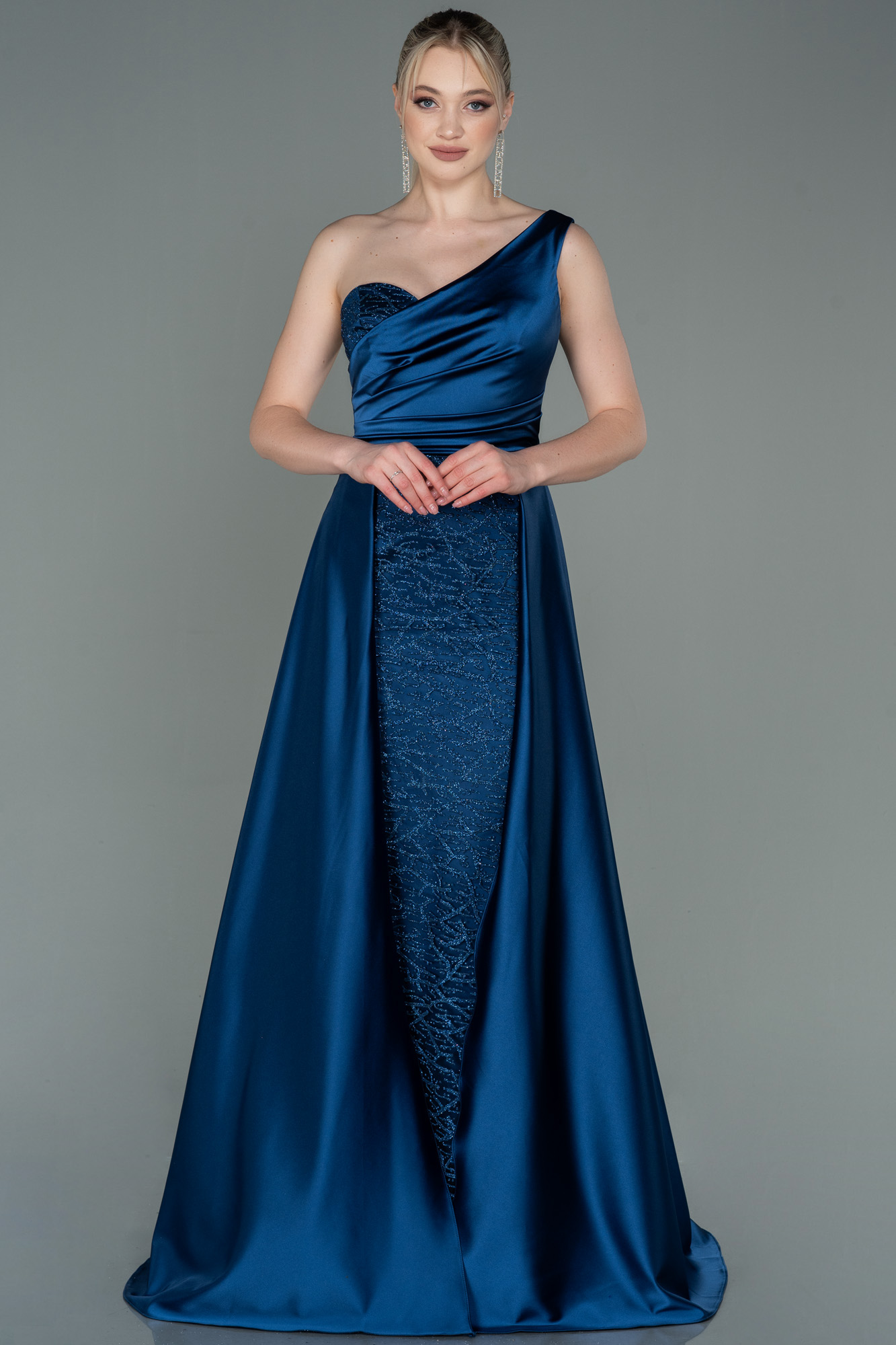 16678 Navy Blue Embroidered Top Satin Dress