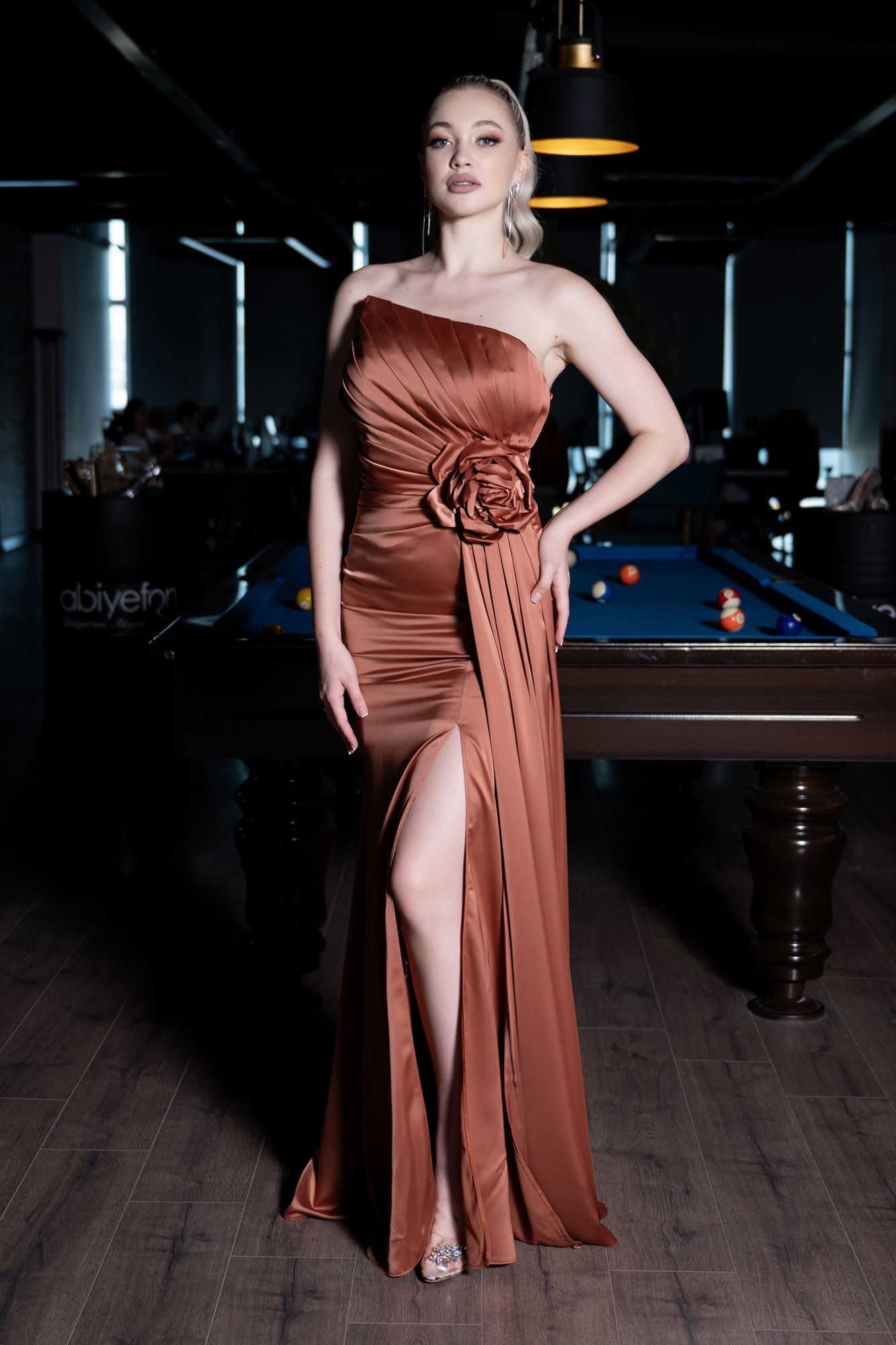 Elegant Long Satin Dress in Dark Brown with Stylish Patch Design
