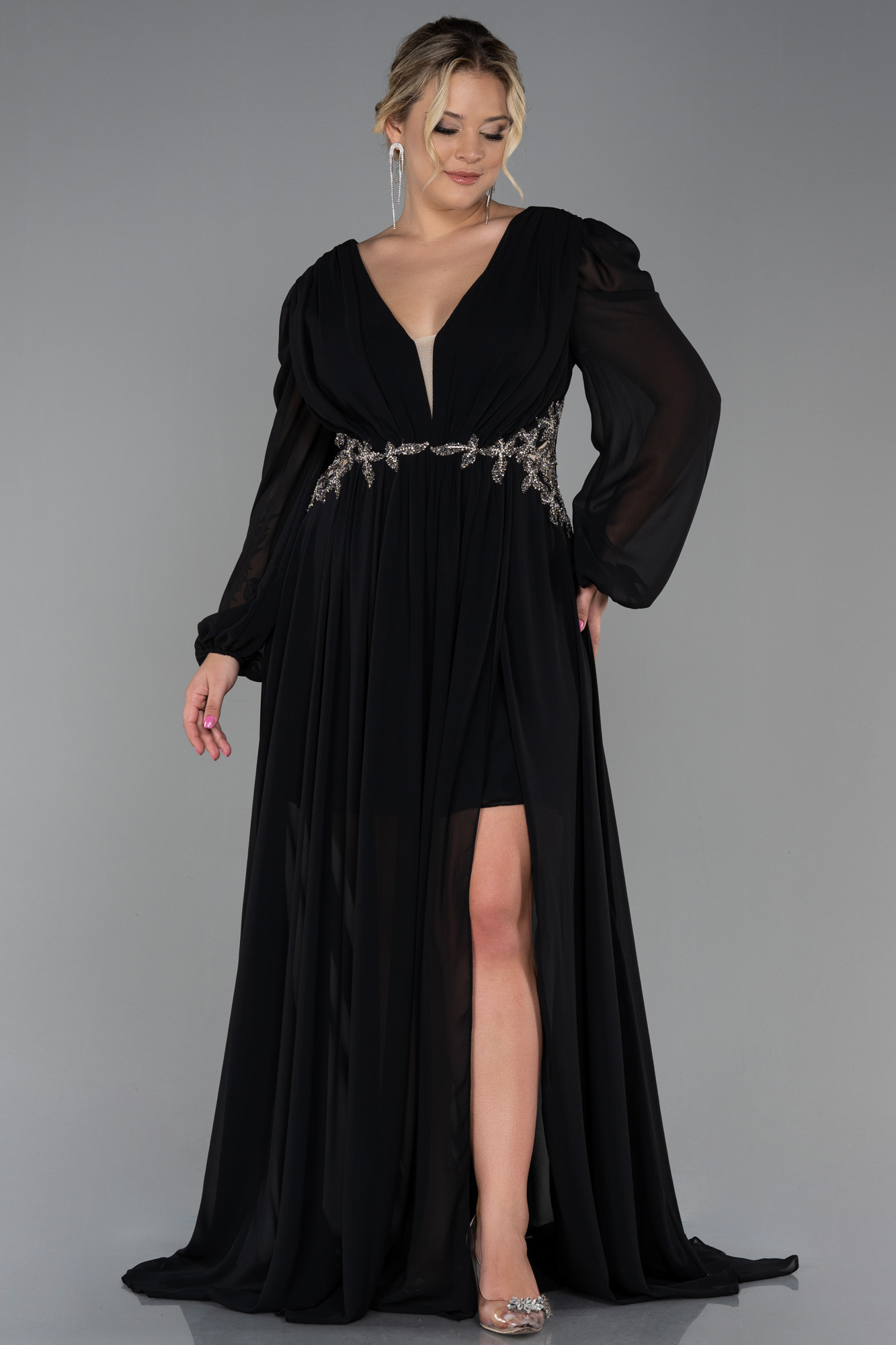 Chiffon and Lace Appliqued Long Dresses Black Plus Size