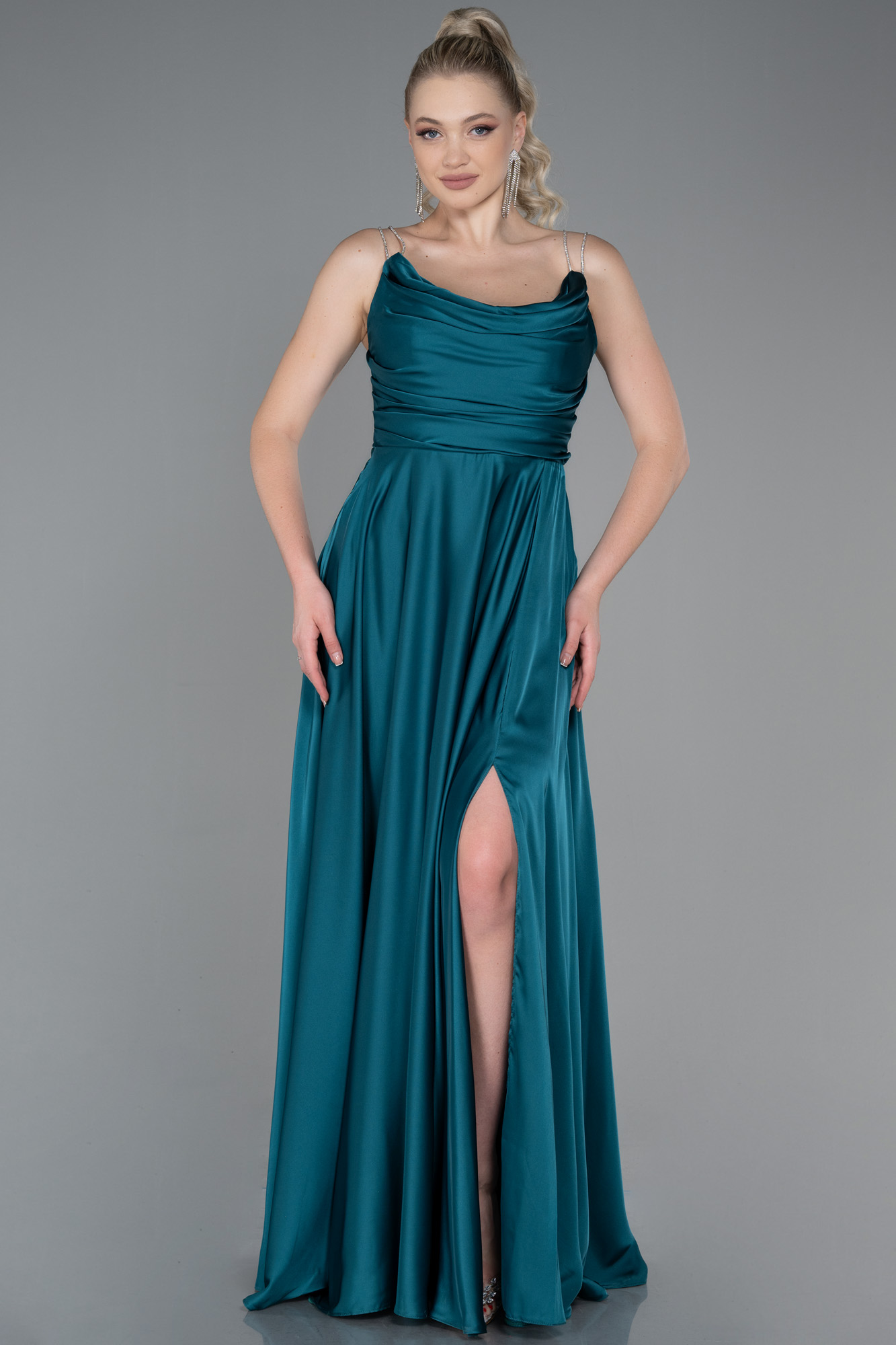 Emerald Green Two Piece Satin Crop Top Ball Gown Prom Dress