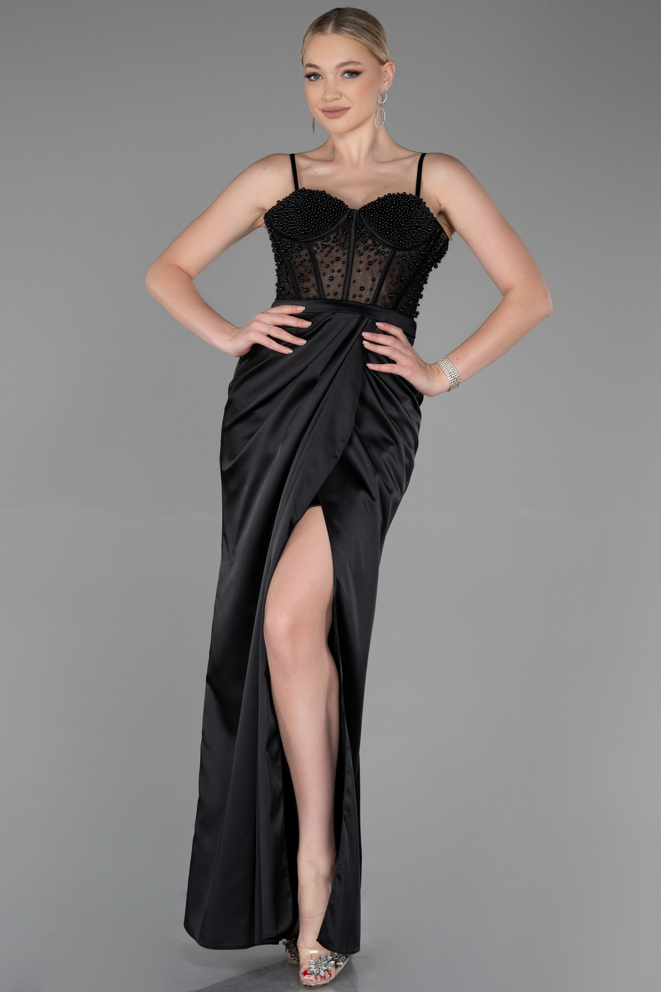 Sleek Satin Long Evening Dress Black Deep V-Neck Puff Sleeve for Women