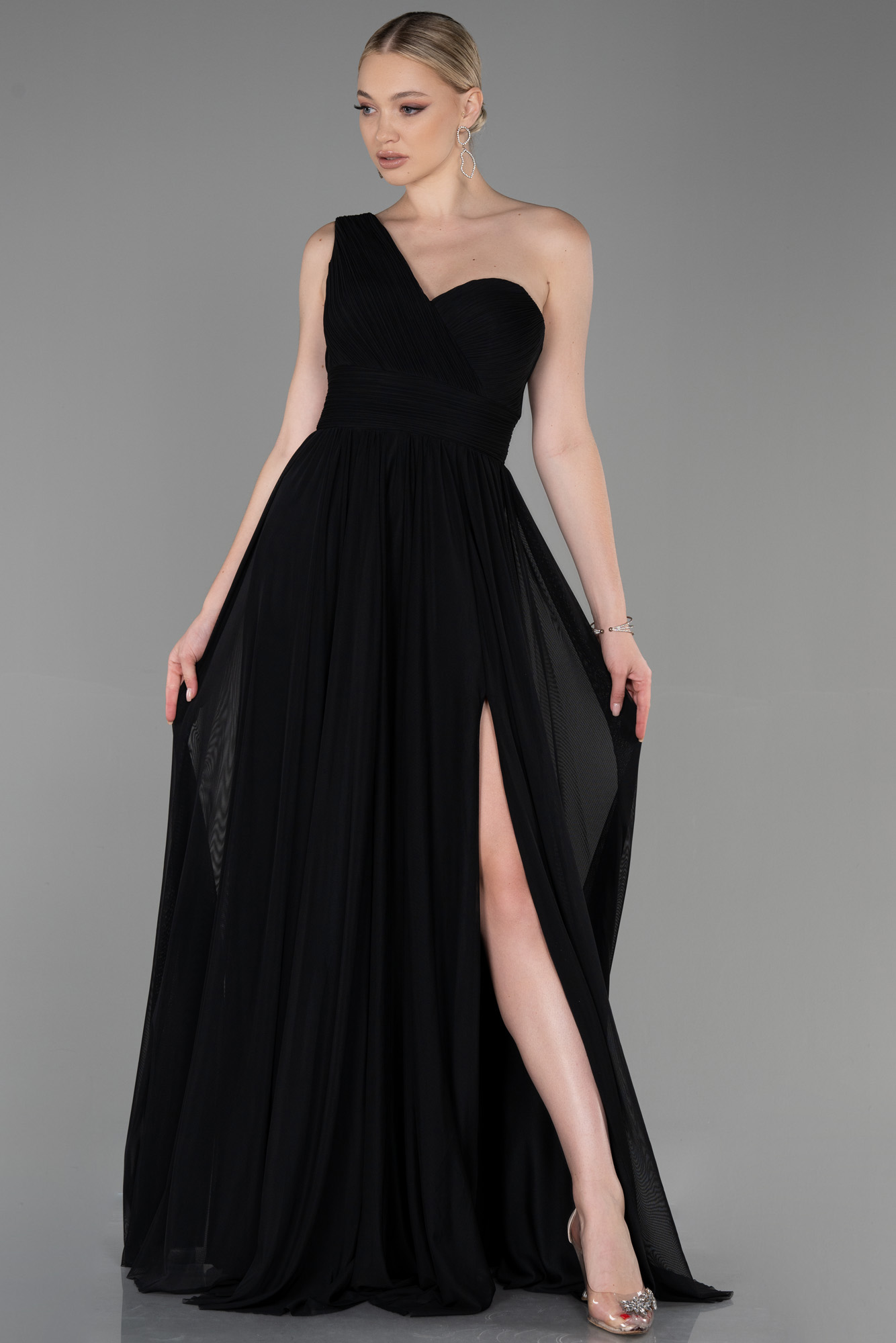 Plus Sleeveless Asymmetrical Shoulder Front Slit Detail Belted Dress