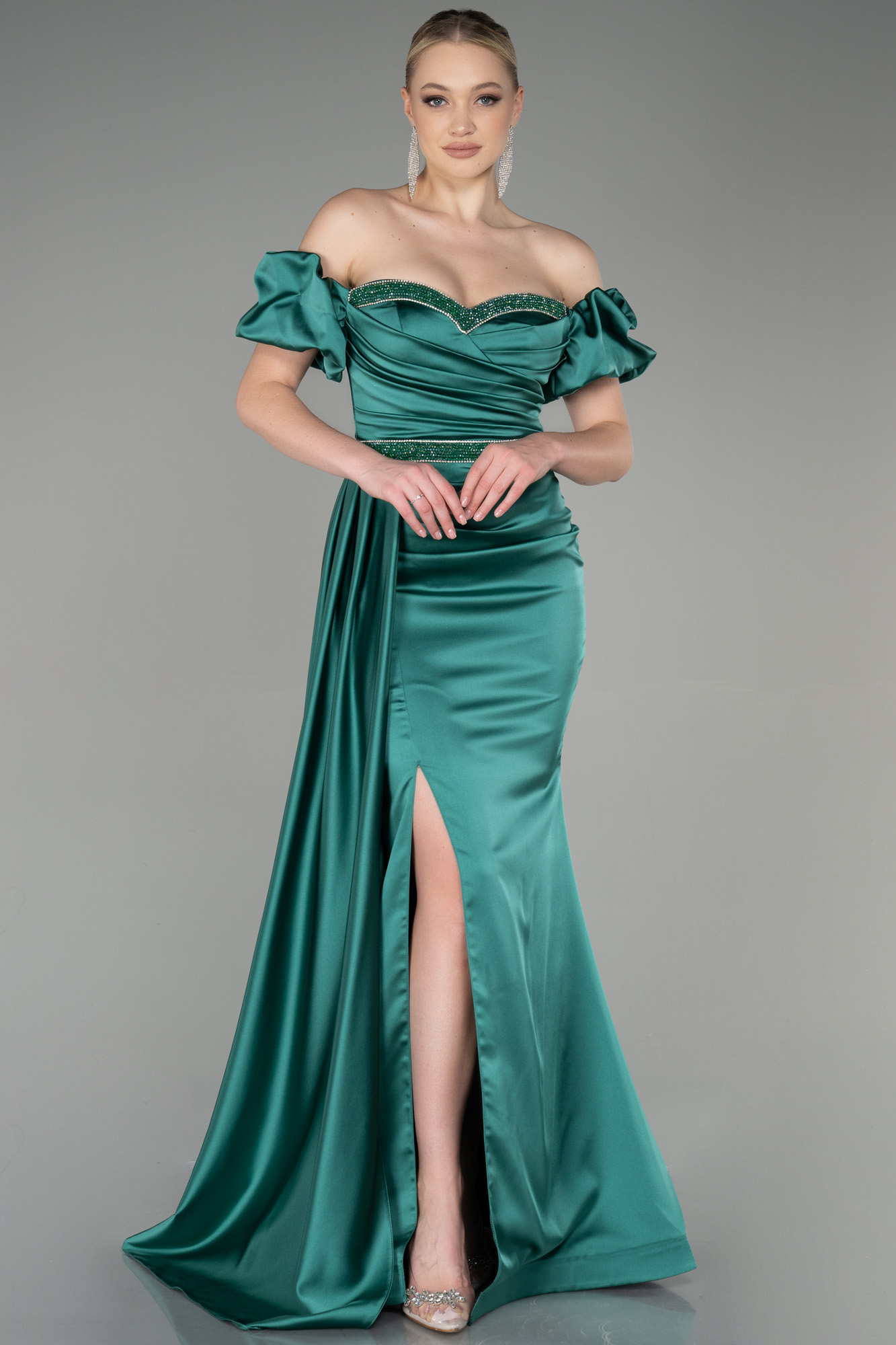 Ivory Lace Top Satin Skirt Dresses Dark Green Plus Size