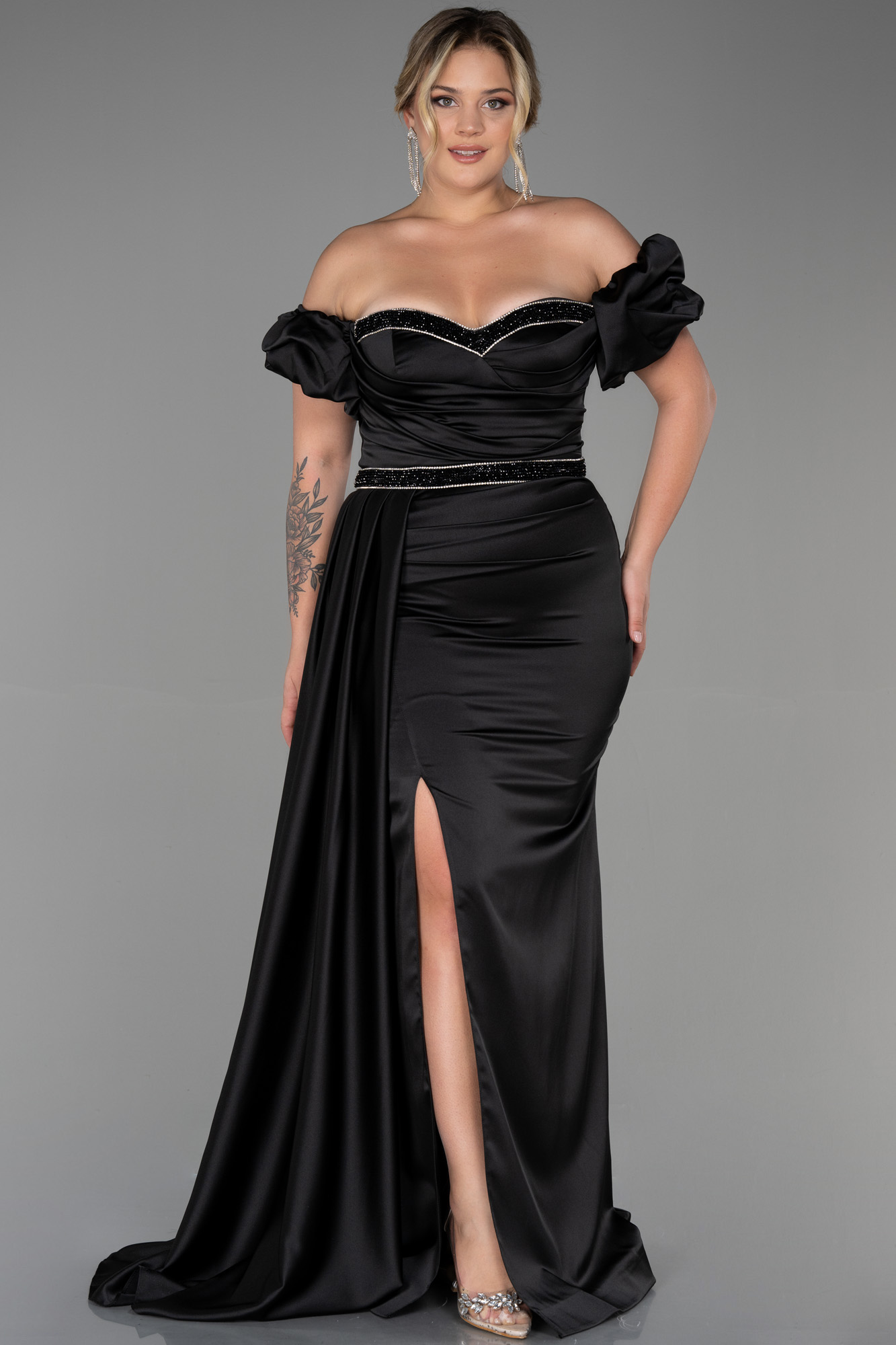 Plus Size Black All Over Print Lantern Sleeve Satin Dress main image 1