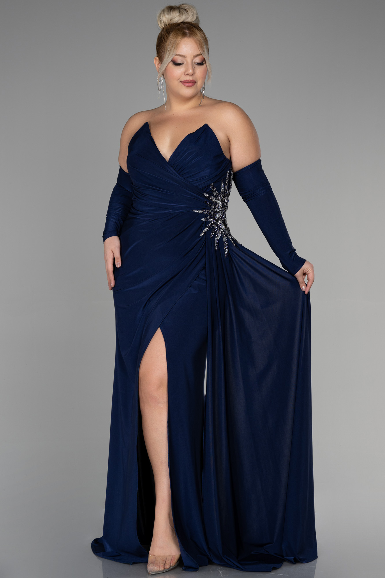 Long Navy Blue Plus Size Evening Dress Abu3352