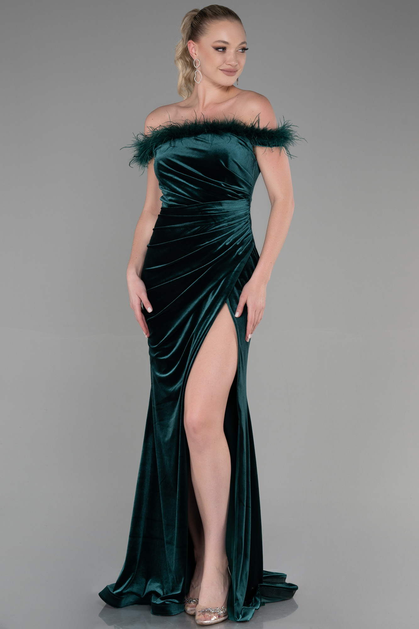 Unique Green Mermaid Strapless Velvet Long Prom Dress, Evening Dress