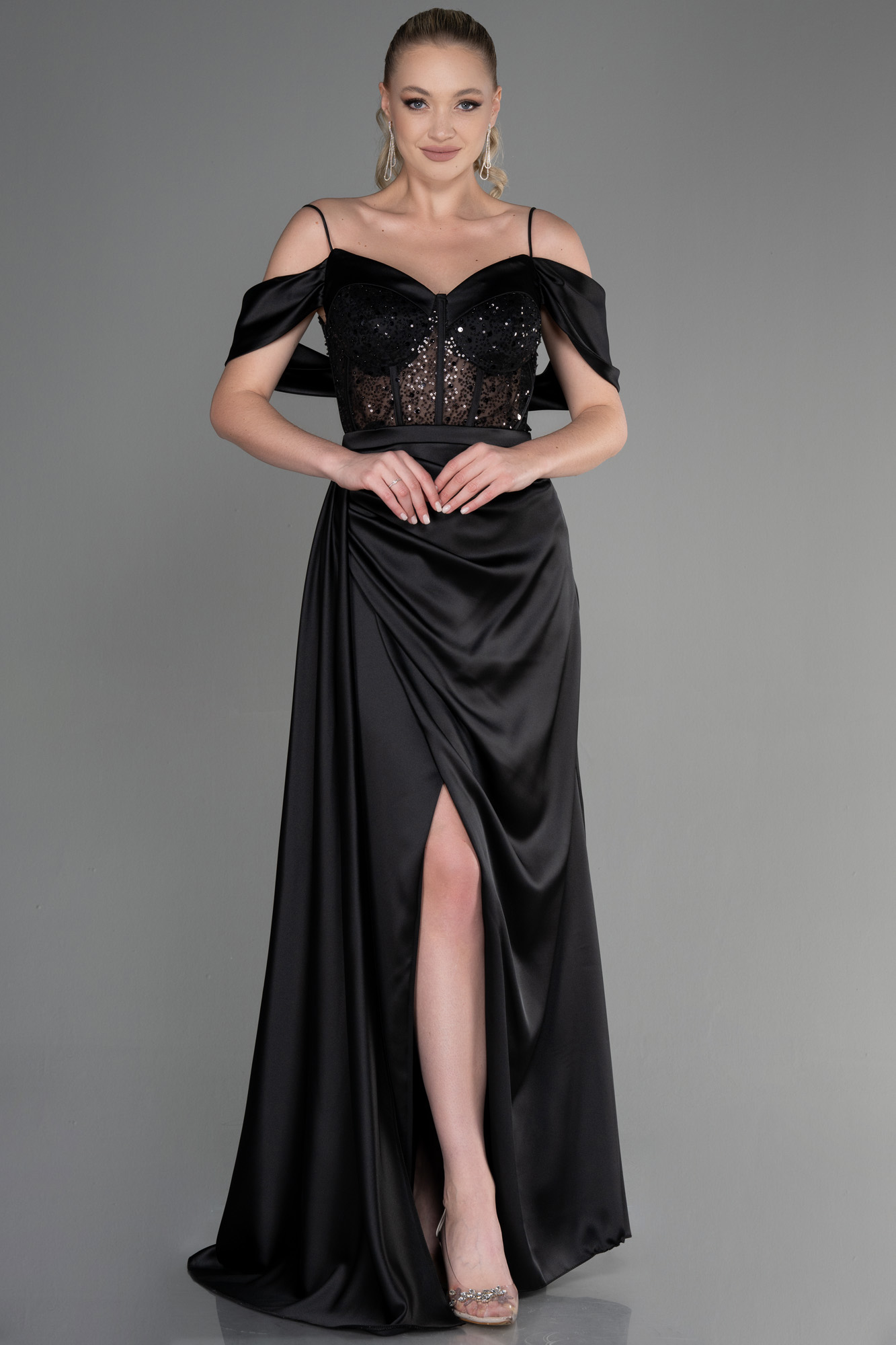Black Long Sleeve Lace High Low Long Sleeve Satin Evening Dress