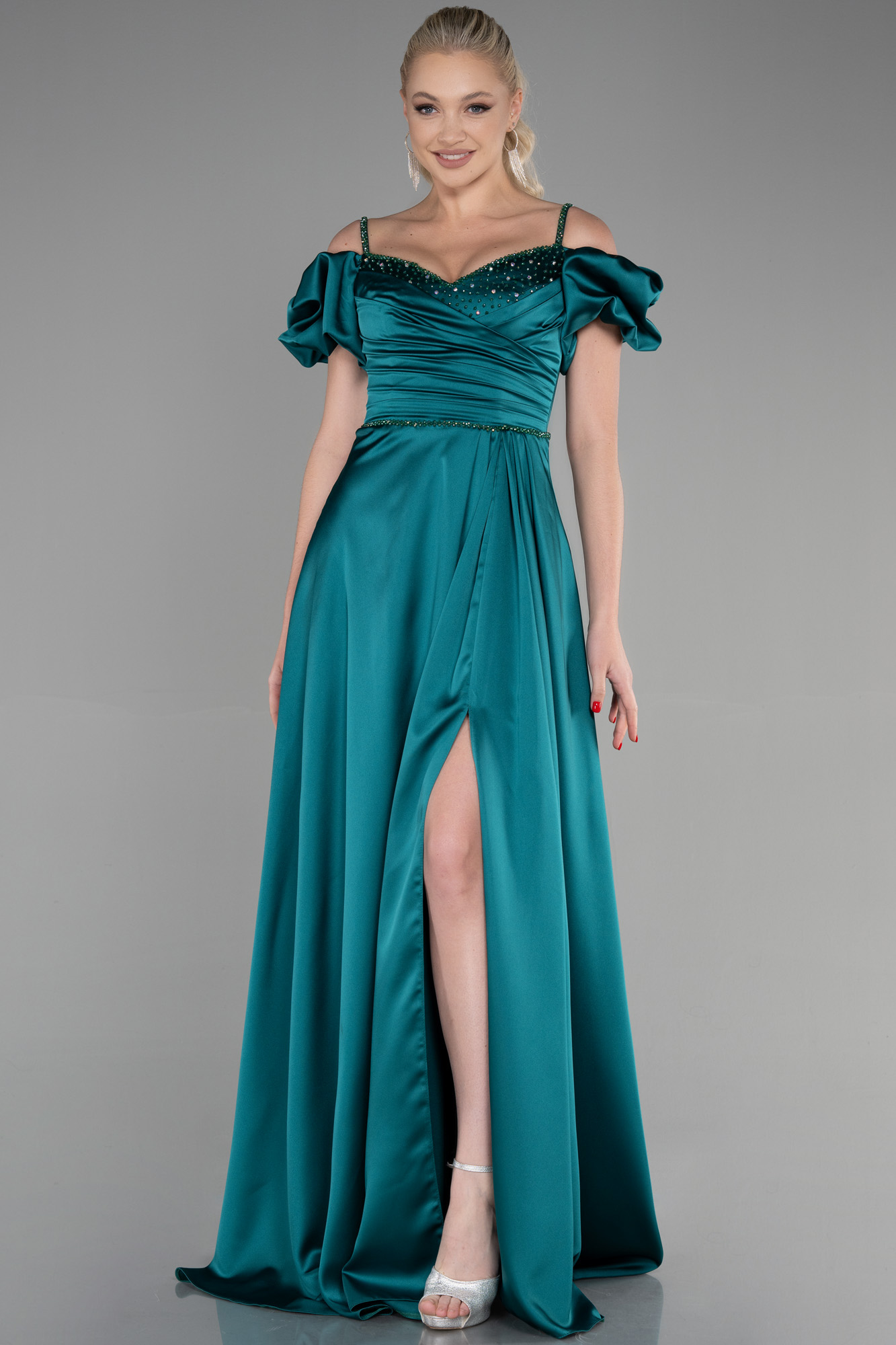 Emerald Green Fitted Woven Long Evening Dress main image 1