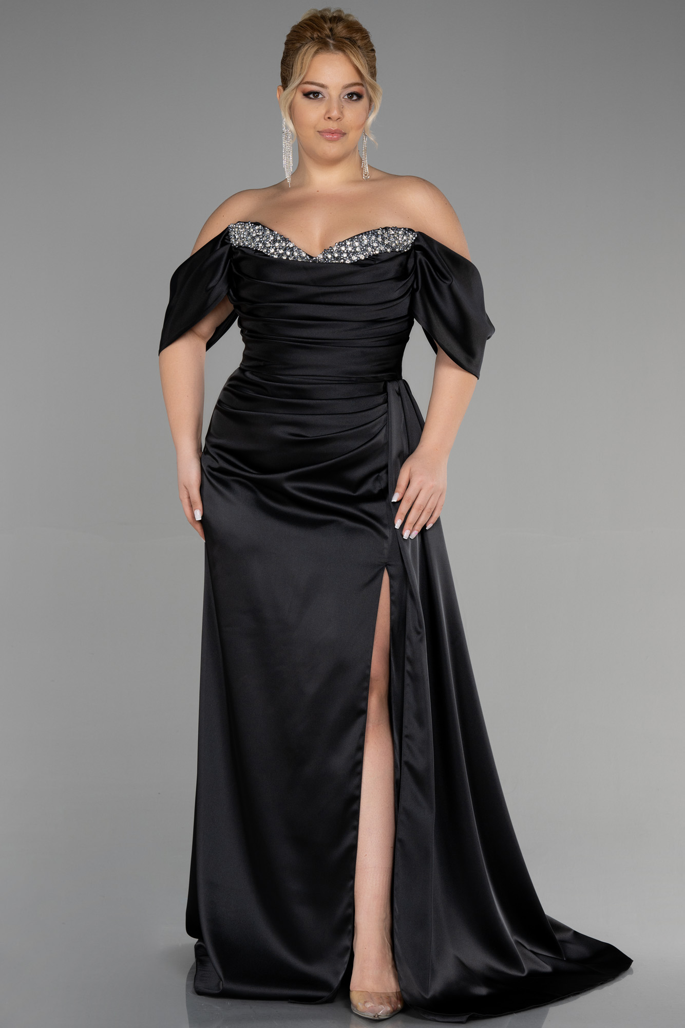 Long Black Satin Plus Size Evening Dress Abu3469