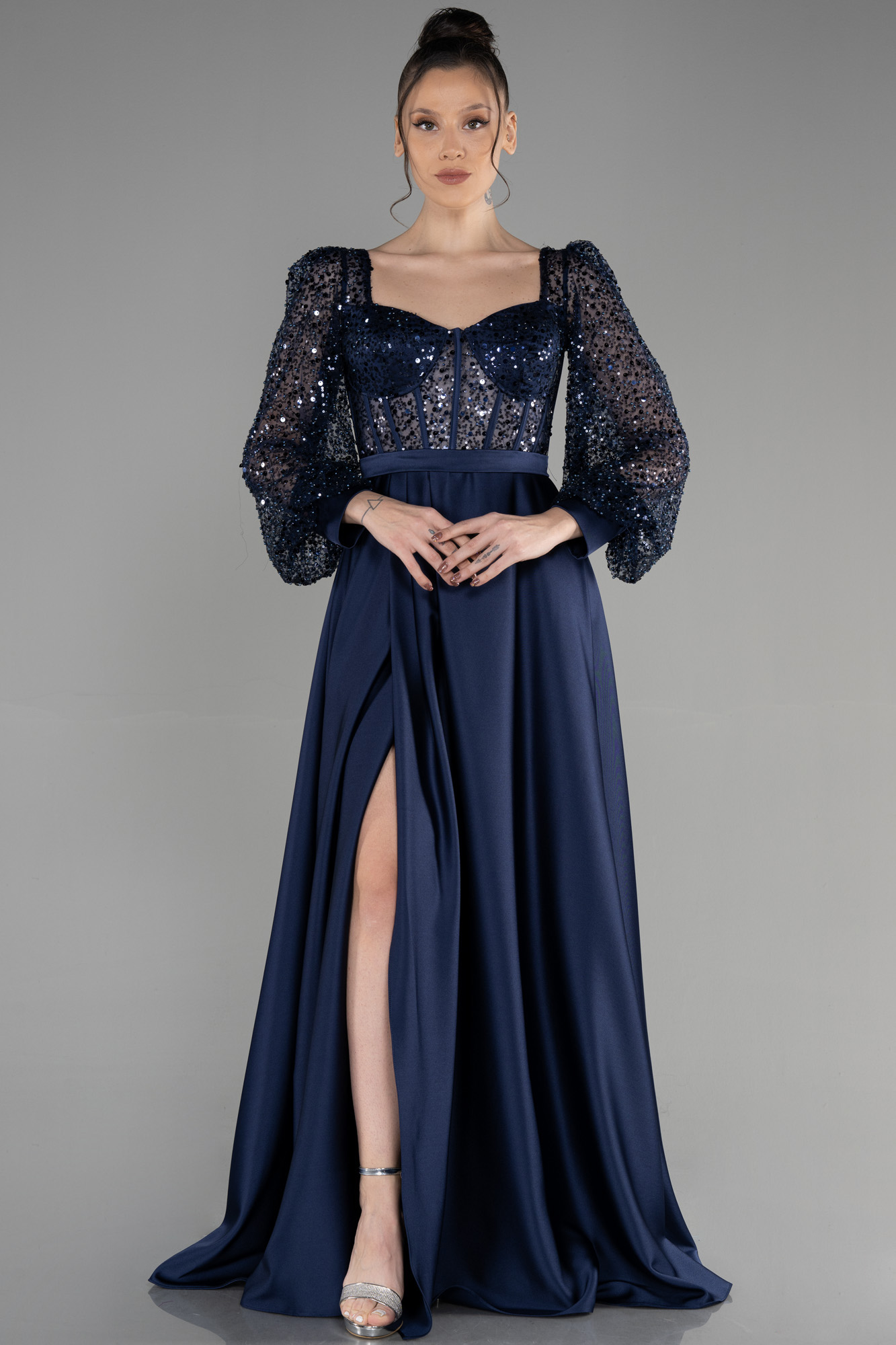 Fashion Strapless Navy Blue Satin Beaded A Line Long Evening Dress Birthday Dress SP2131