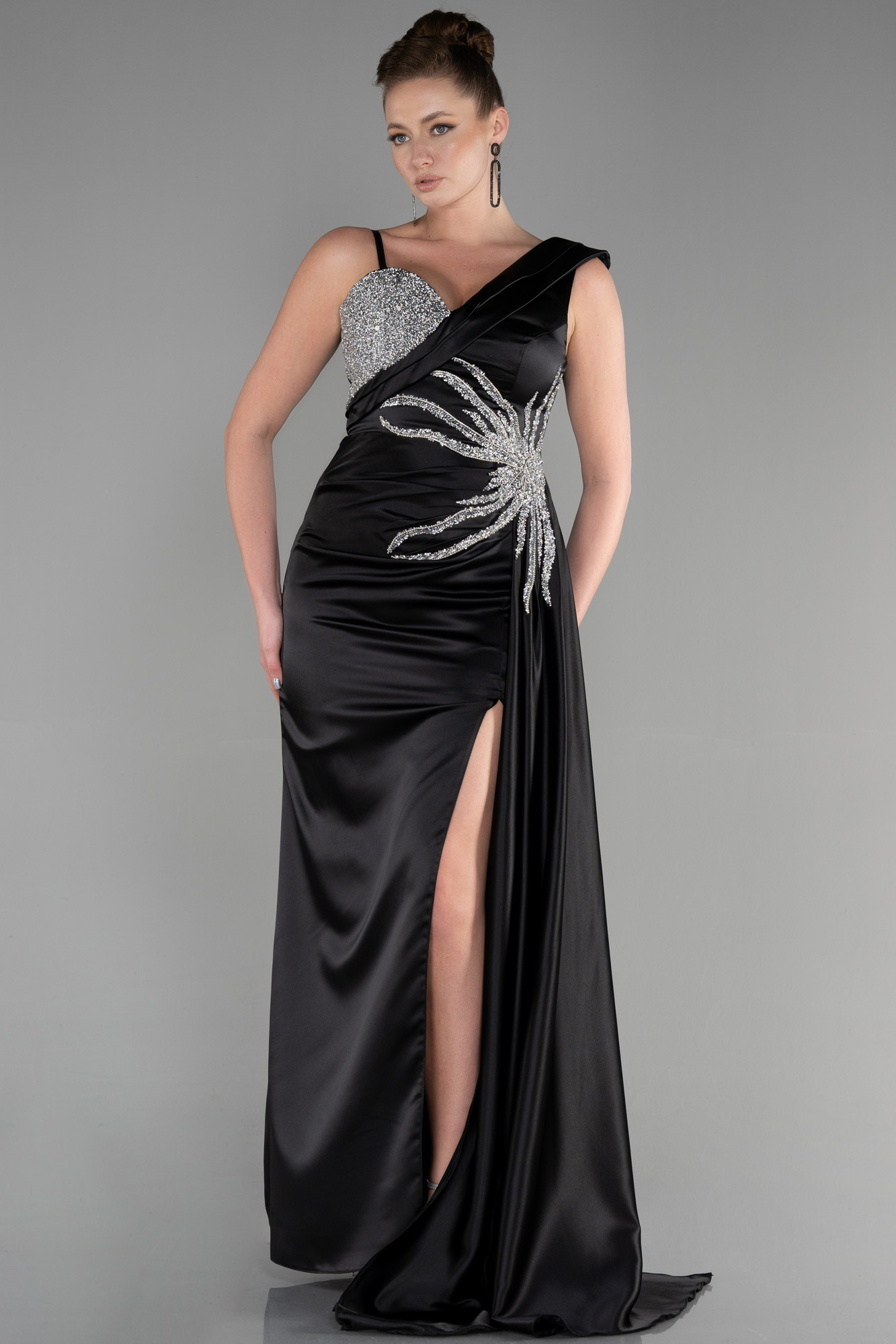 Anabel Black Satin Lace-Up Evening Gown