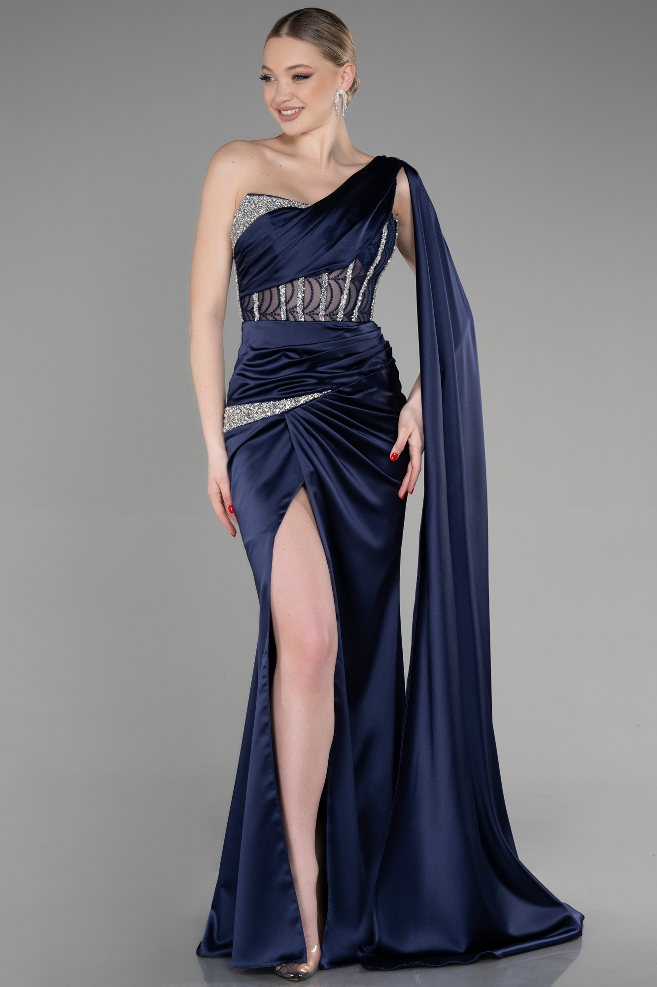 Fashion Strapless Navy Blue Satin Beaded A Line Long Evening Dress Birthday Dress SP2131 main image 0