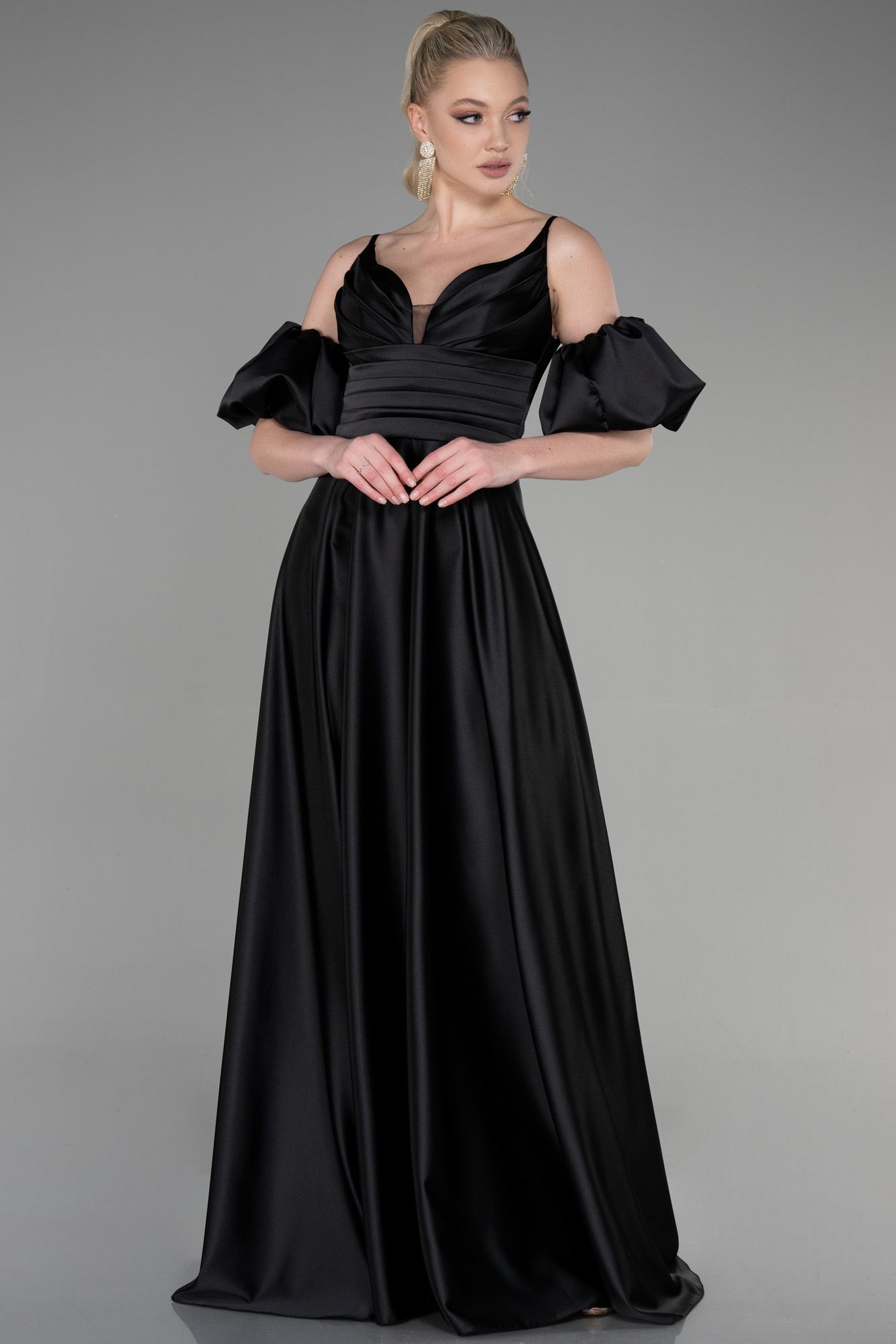 Stunning Black Evening Prom Gowns Long Sleeves Party Dress Satin