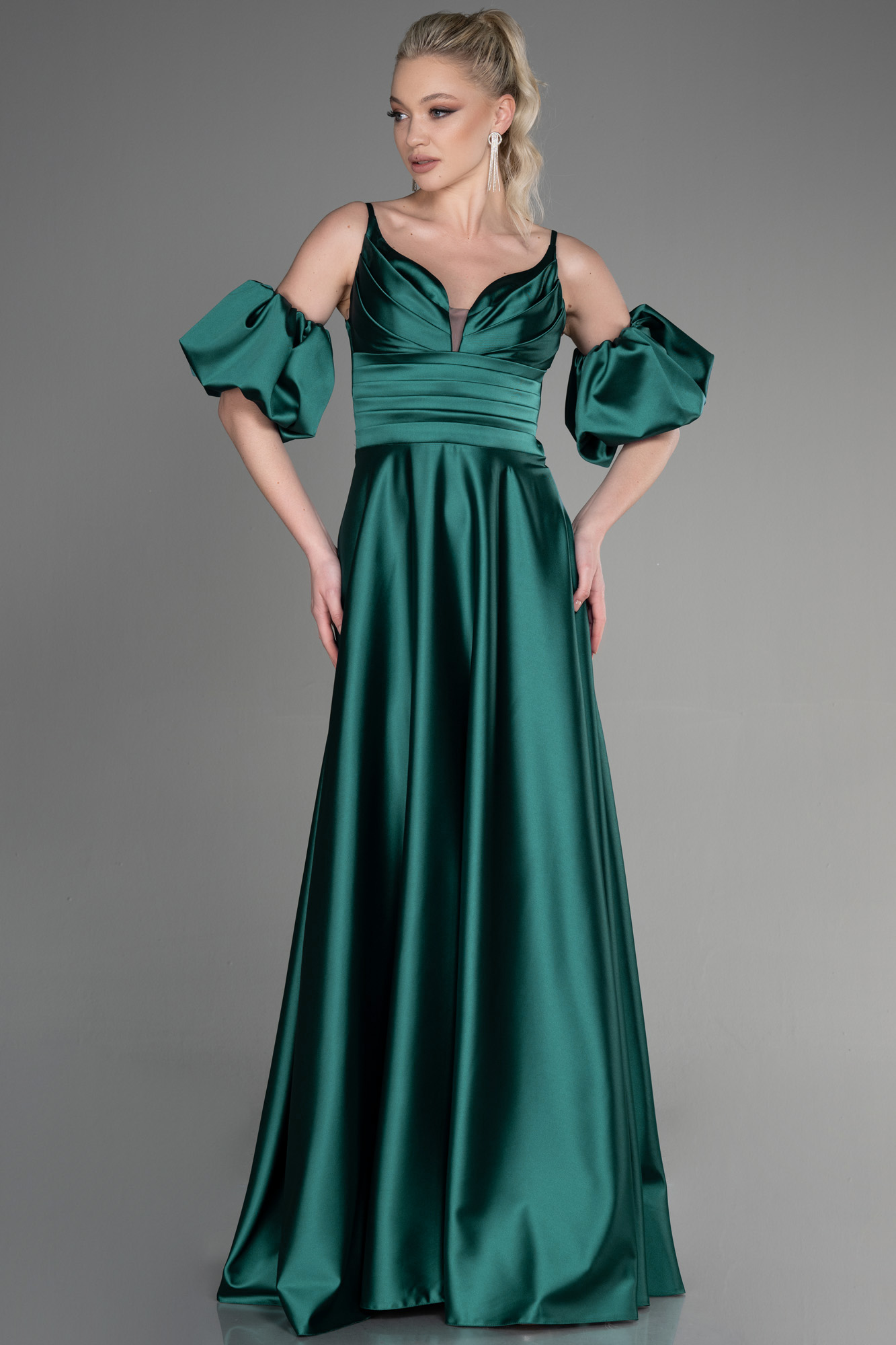 Emerald Green Two Piece Satin Crop Top Ball Gown Prom Dress